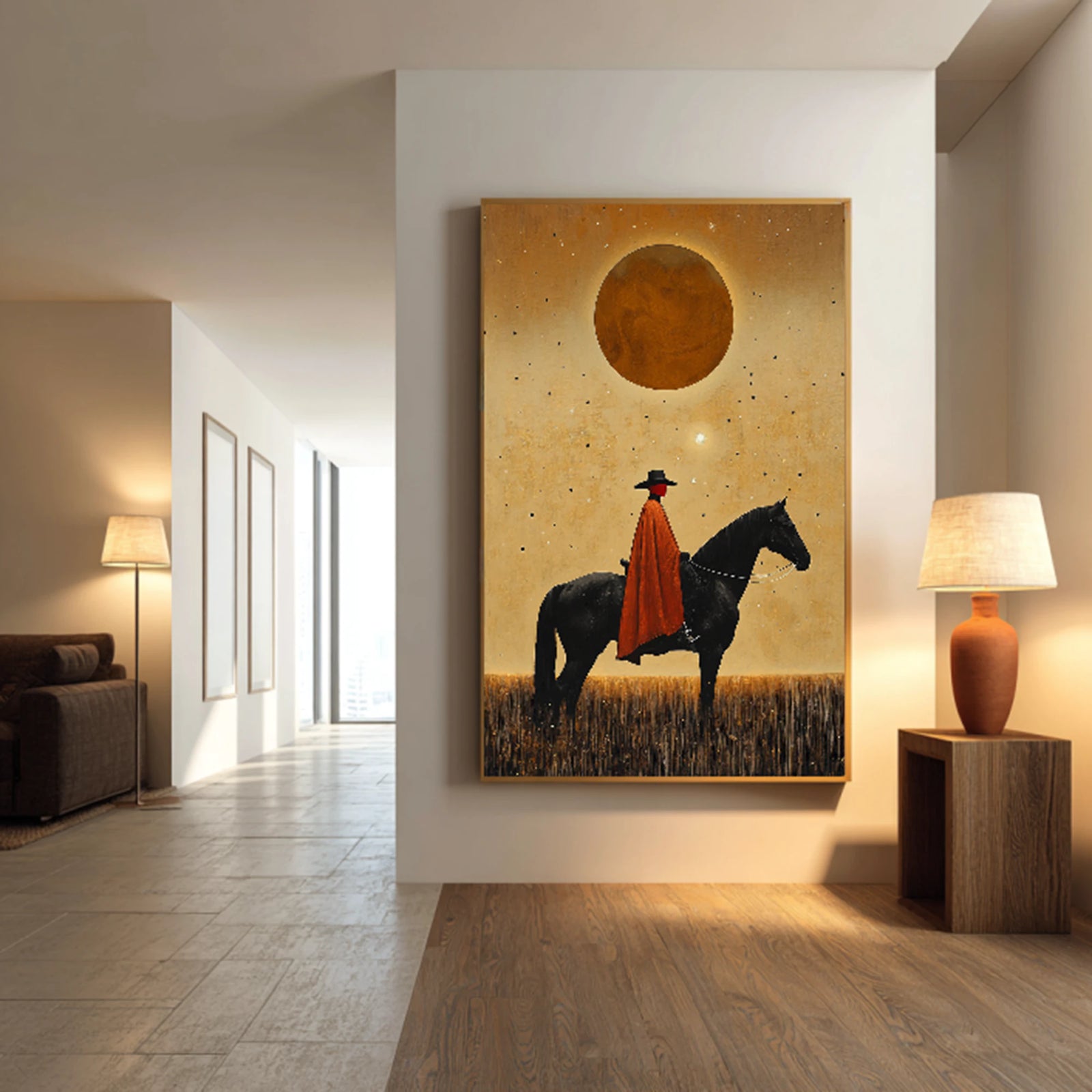 Hand-painted Abstract Horse Rider Oil Painting, Warm Earth Tone Wall Art #AB514