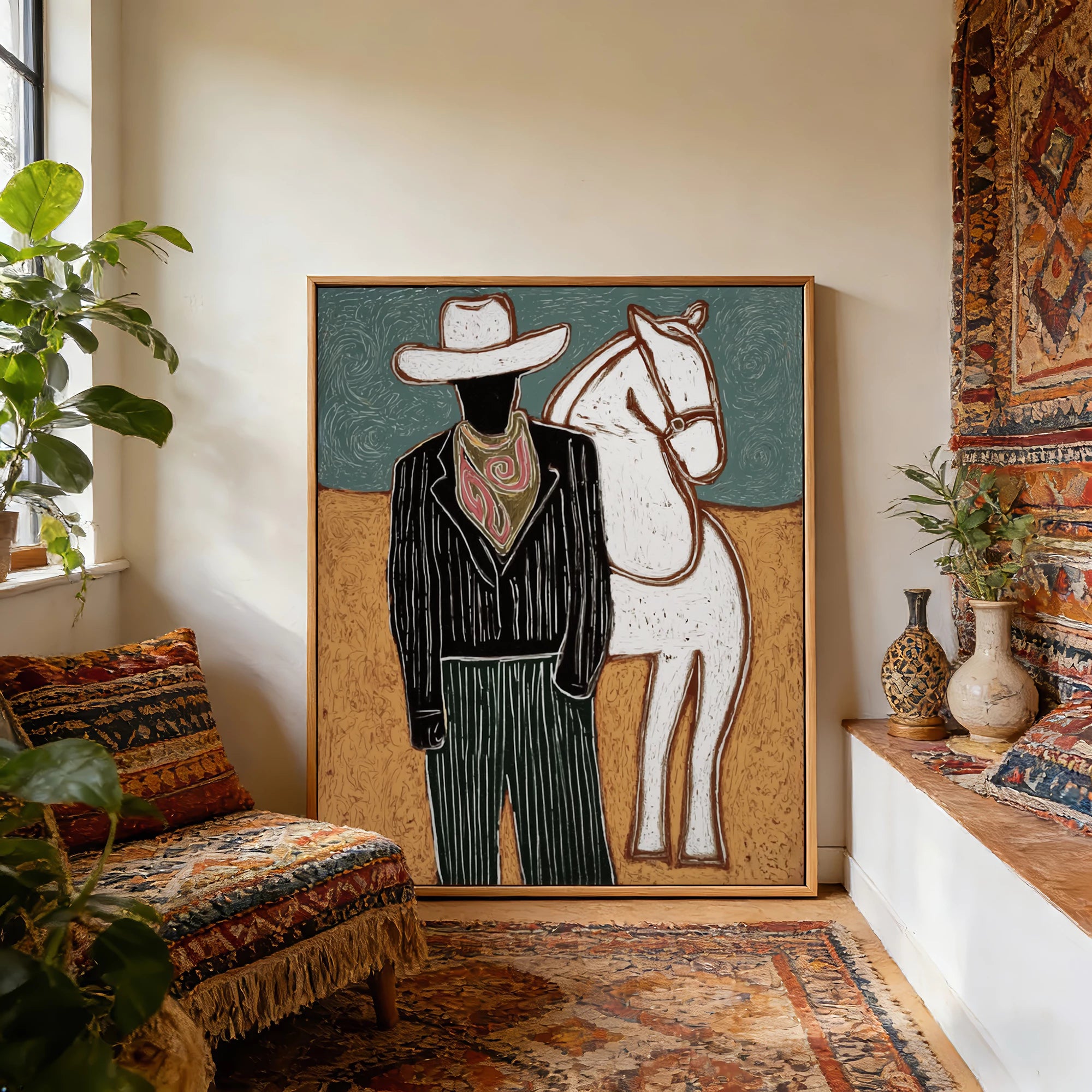 Modern Western Cowboy White Horse Oil Painting #AB188