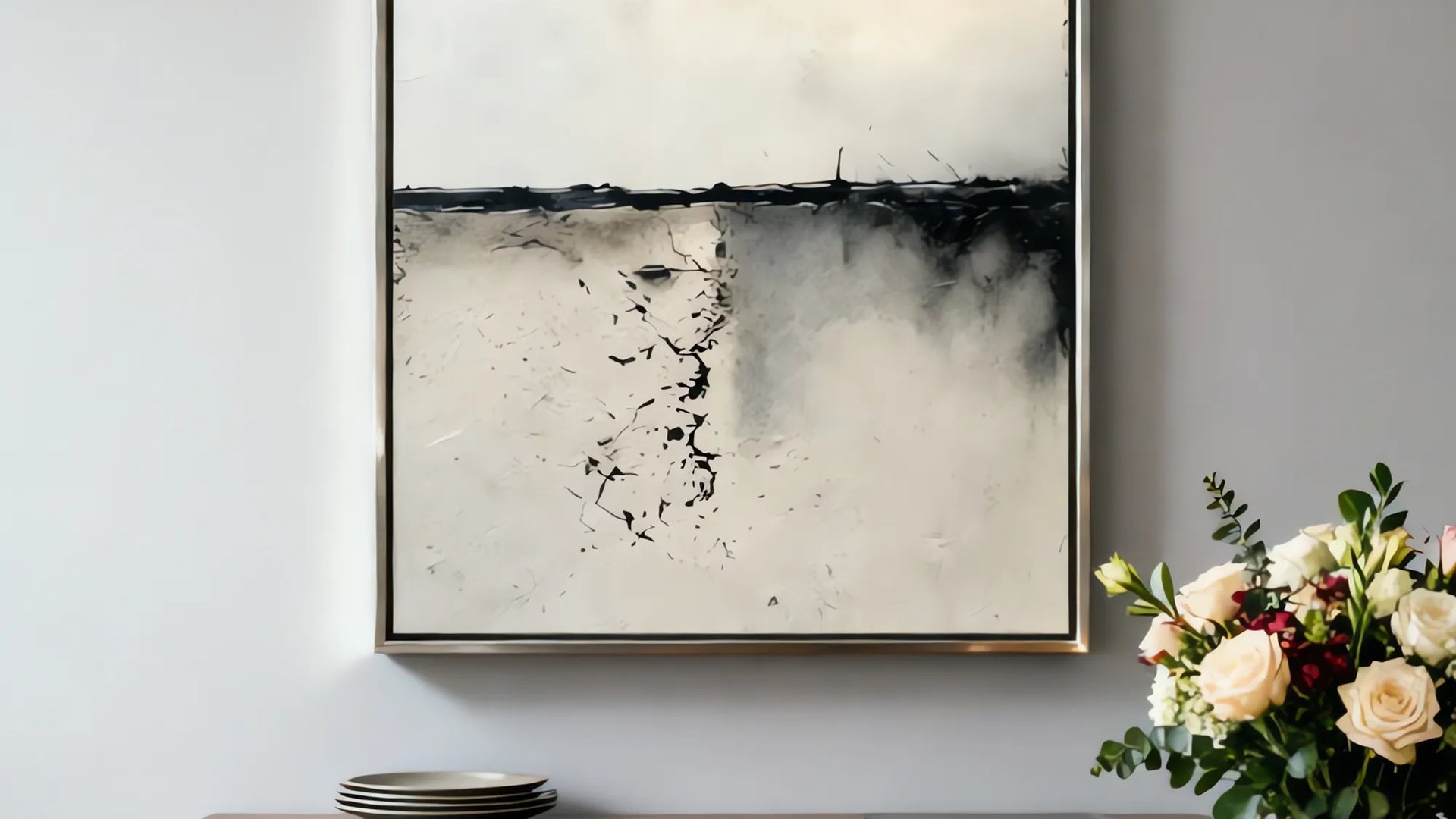 Ivory and Black Textured Abstract Wall Art for Modern Living Room #J3CQTDHF