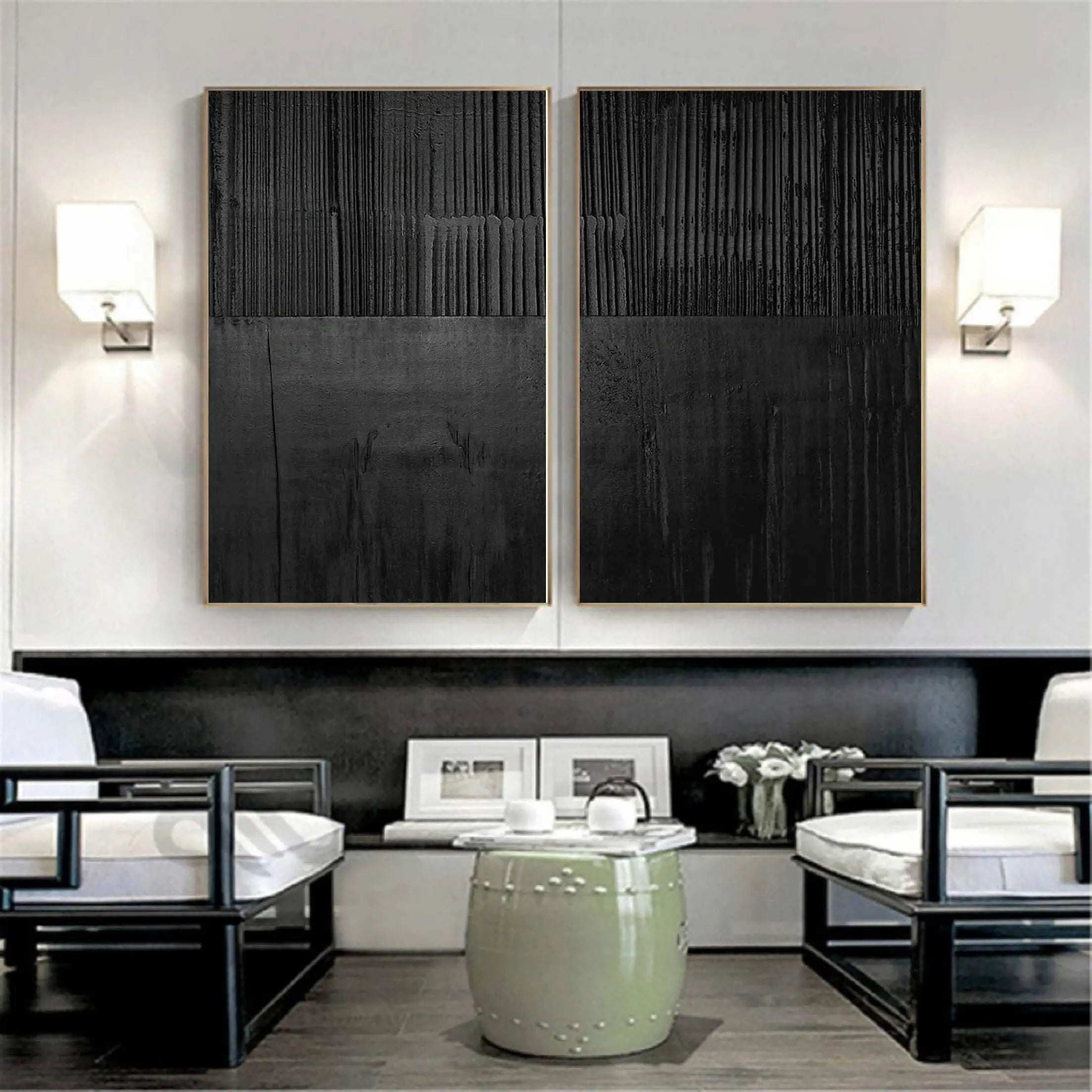 Set of 2 Minimalist Black Textured Original Painting Wall Decor