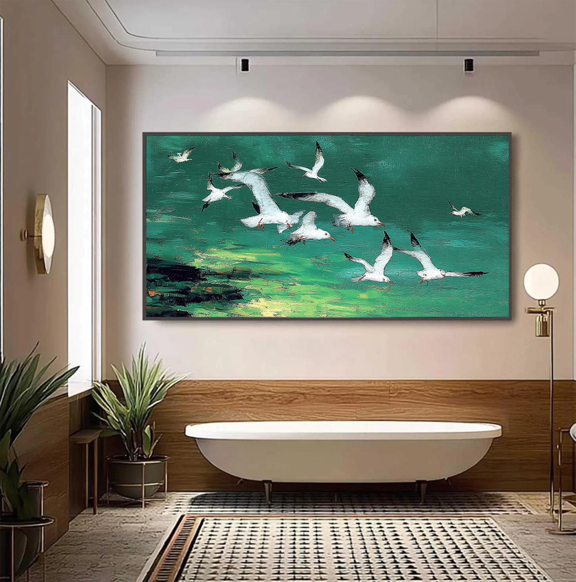 Flock of White Gulls Flying Green Landscape Oil Painting #AM126