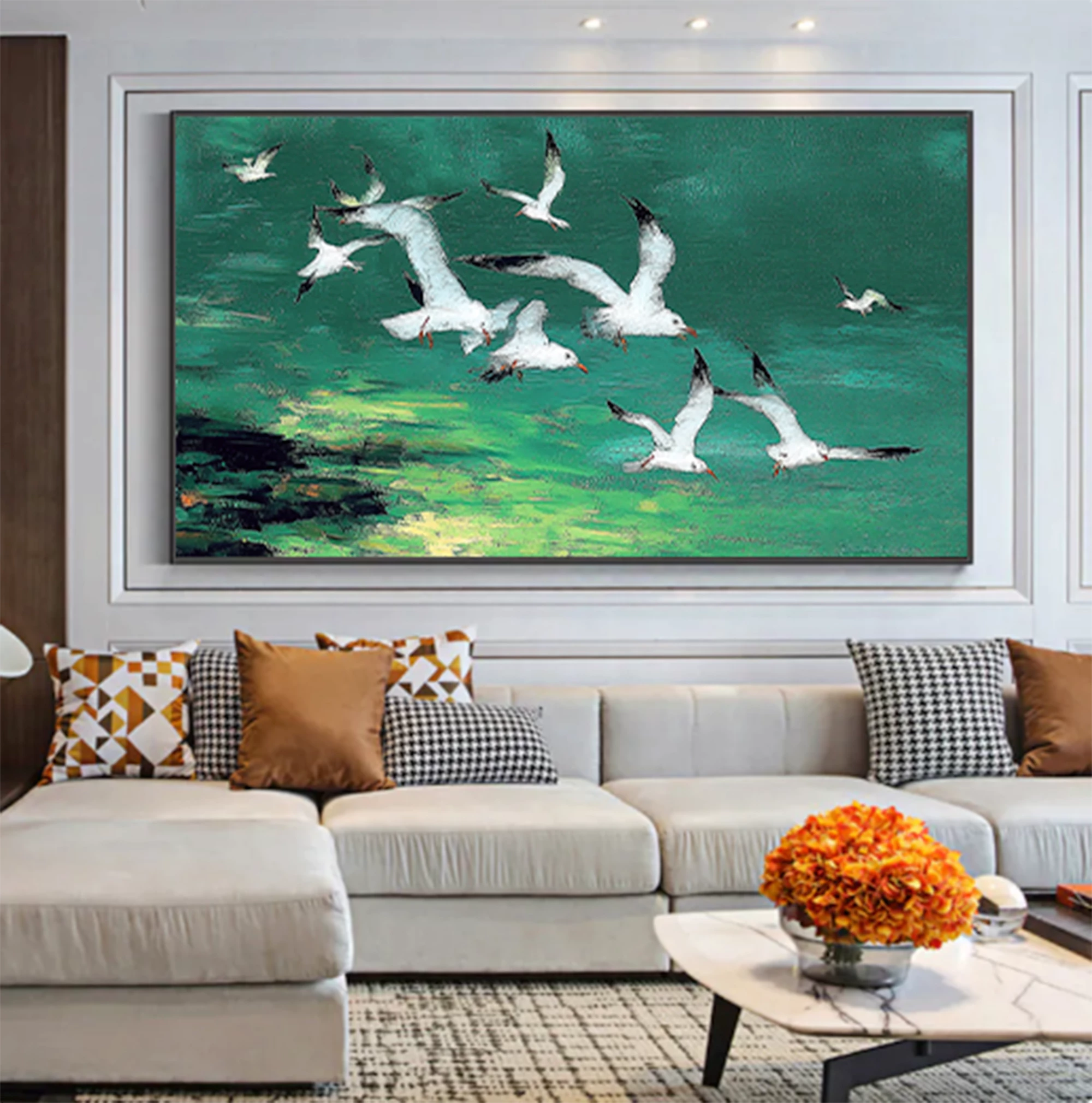 Flock of White Gulls Flying Green Landscape Oil Painting #AM126