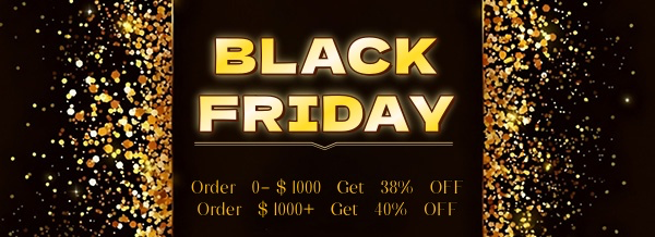 Black Friday sale advertisement with gold text and black gift boxes on a dark background