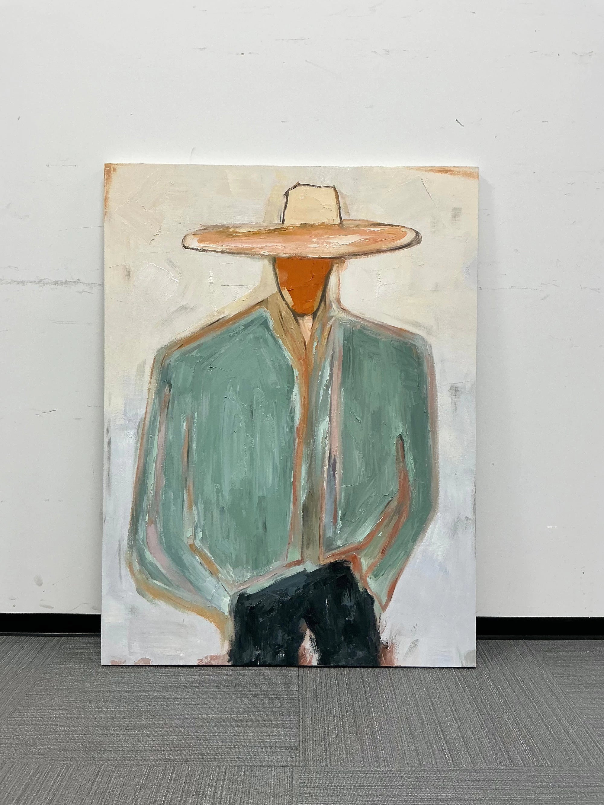 Abstract Cowboy Figure Oil Painting, Earthy Green Wall Art #AB140