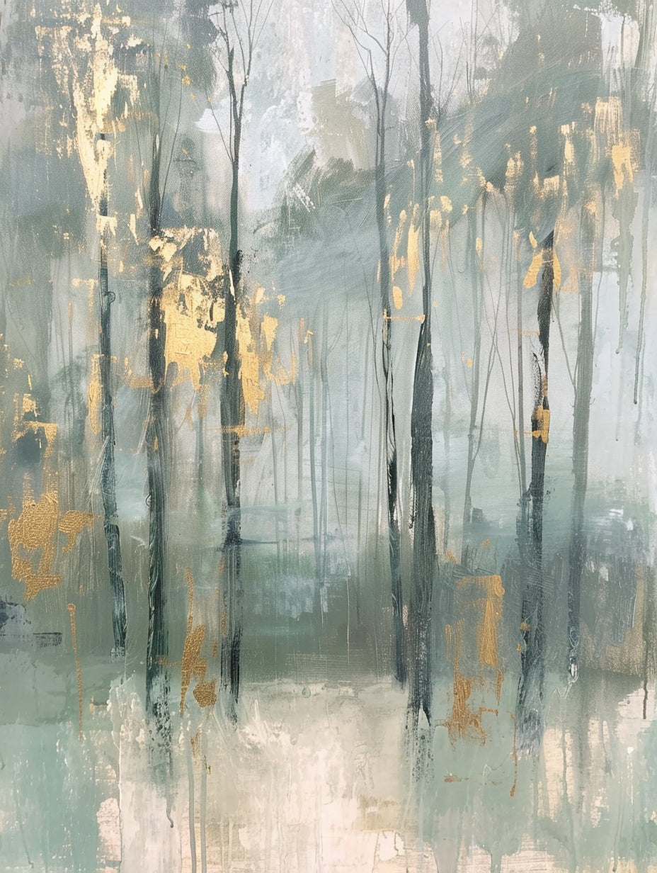Misty Forest Abstract Oil Painting with Gold Leaf Accents #FT207