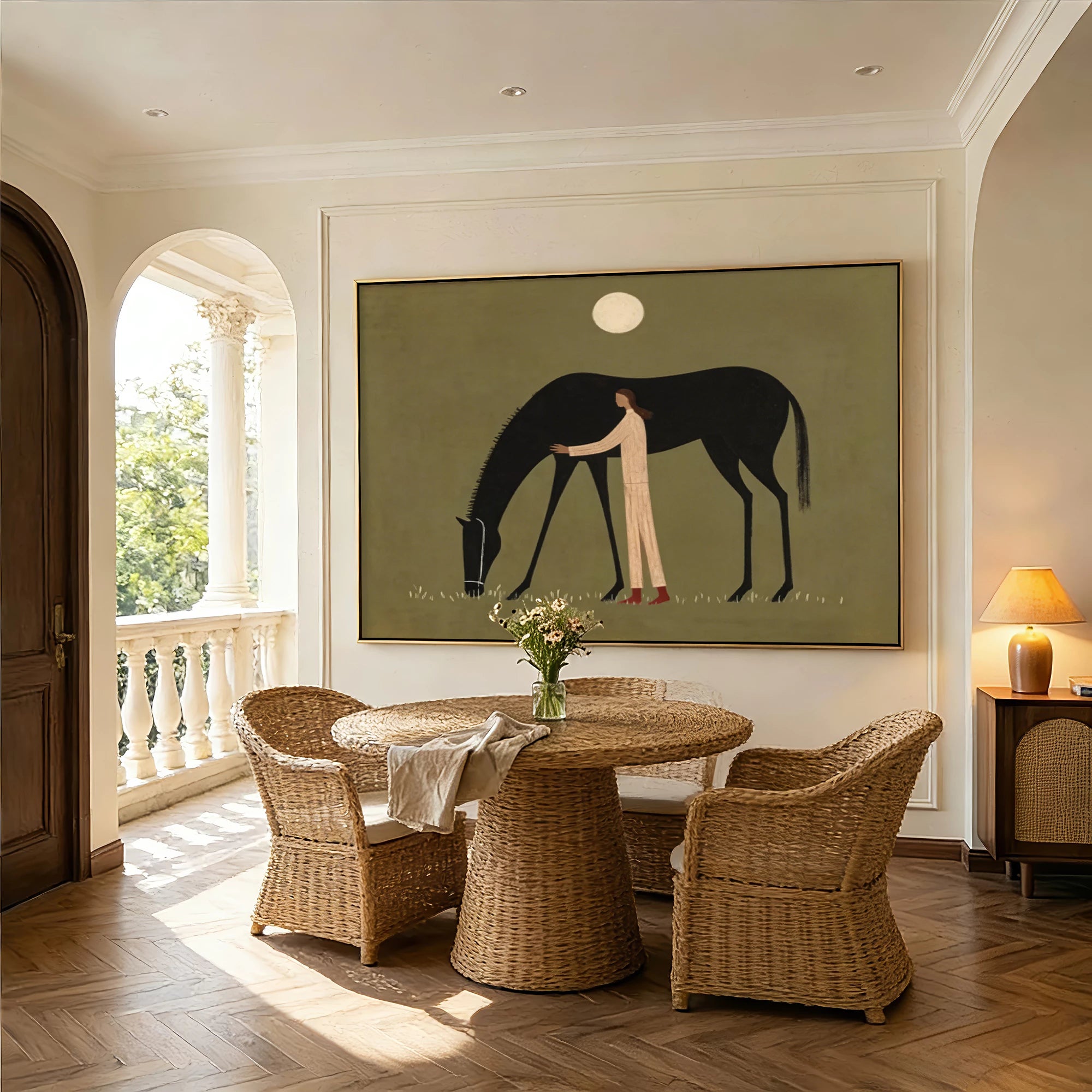 Hand-Painted Figure & Black Horse Oil Painting #AB185