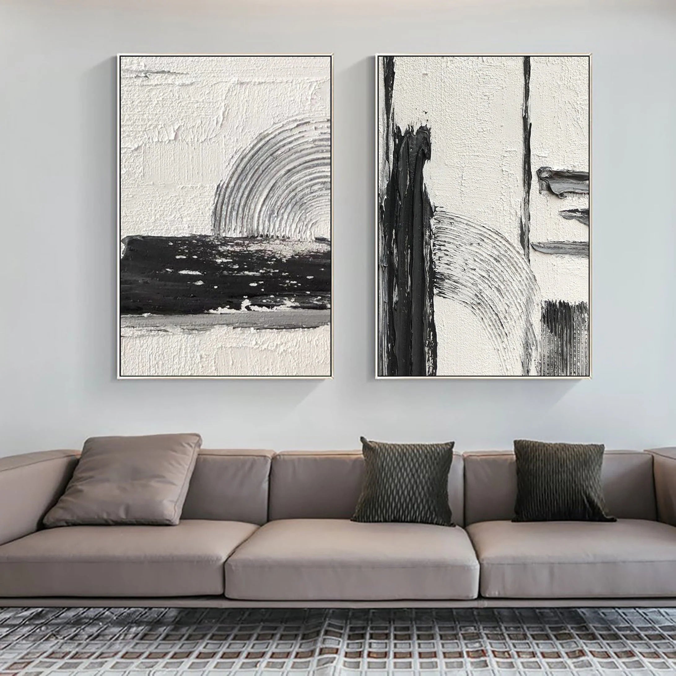 Set of 2 Plaster Black and Beige Minimalistic Painting for Room Decor