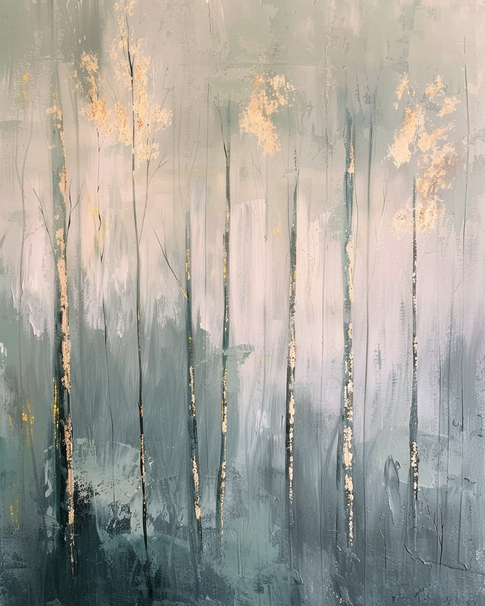 Misty Forest Trees with Gold Leaf Textured Oil Painting #FT212