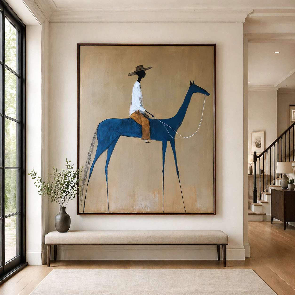 Hand-Painted Abstract Blue Horse Rider Oil Painting #AB151