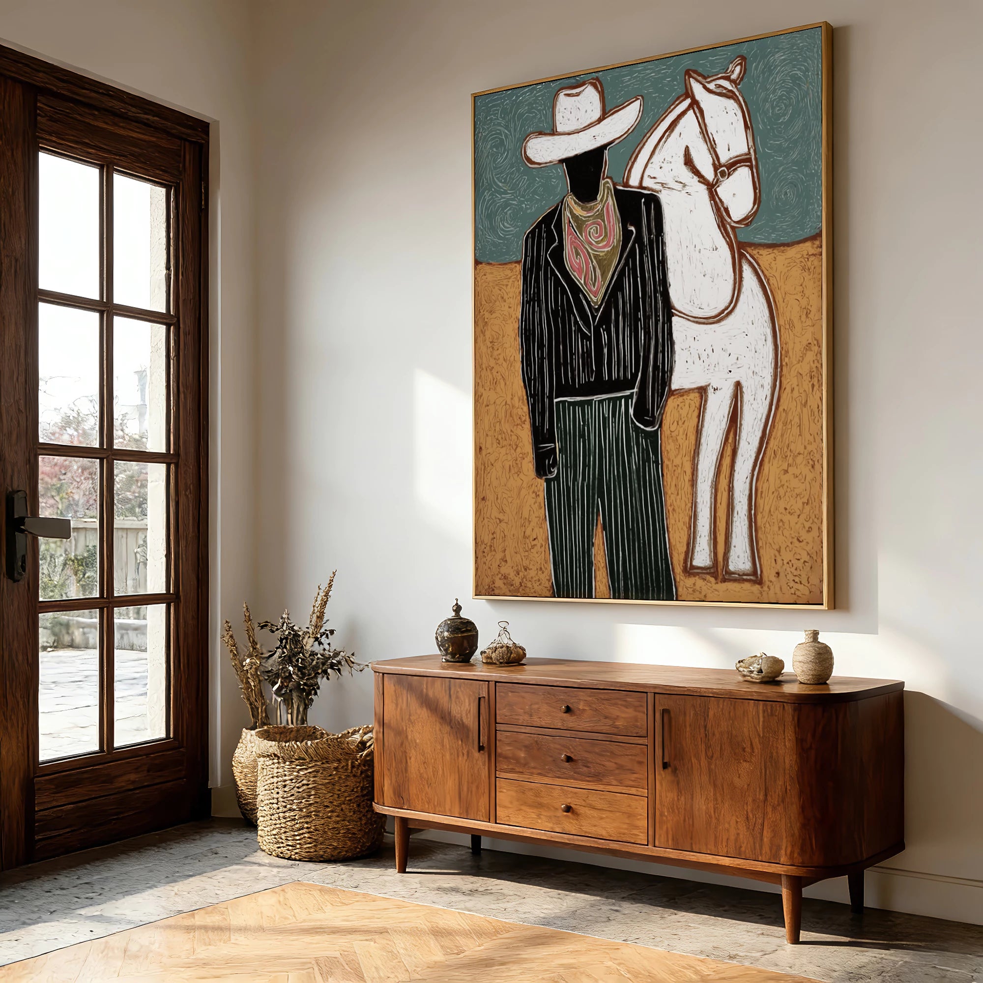 Modern Western Cowboy White Horse Oil Painting #AB188