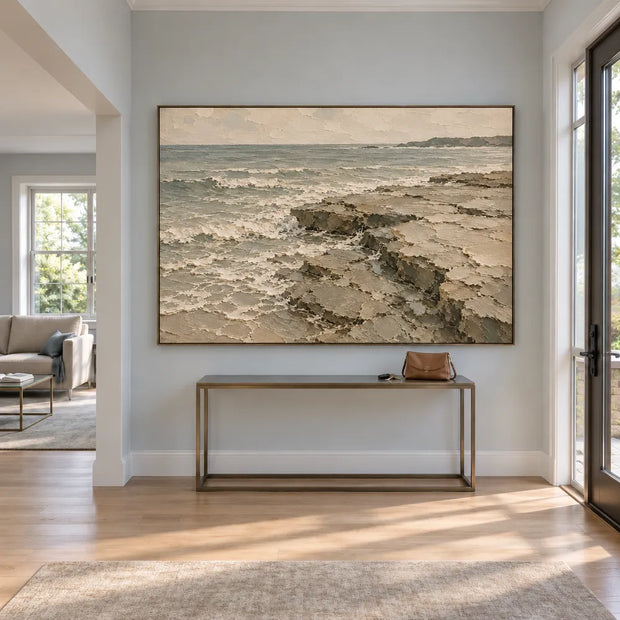 Gray Green Hand-Painted Seascape, Surf Across Flat Rock Shelves #NM83YC38