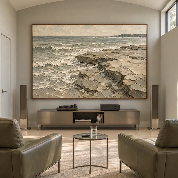 Gray Green Hand-Painted Seascape, Surf Across Flat Rock Shelves #NM83YC38