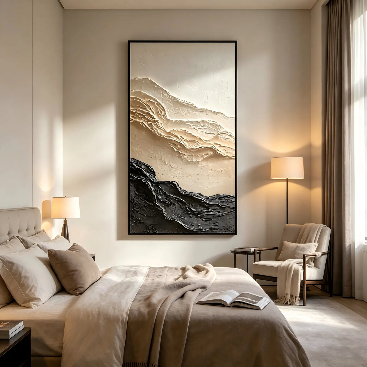 Beige & Charcoal Textured Wall Art for Entryway, Wabi Sabi Abstract Mountain Landscape #9XUUO70I