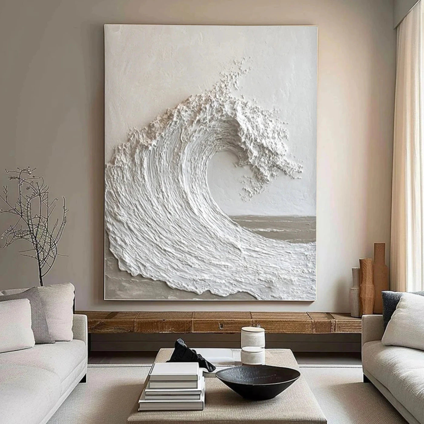 White 3D Wave Textured Abstract Oil Painting, Minimalist Coastal Wall Art #WA142