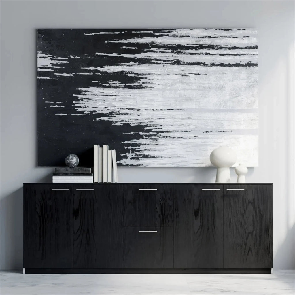 Modern Minimalist Black and White Abstract Oil Painting #JM88