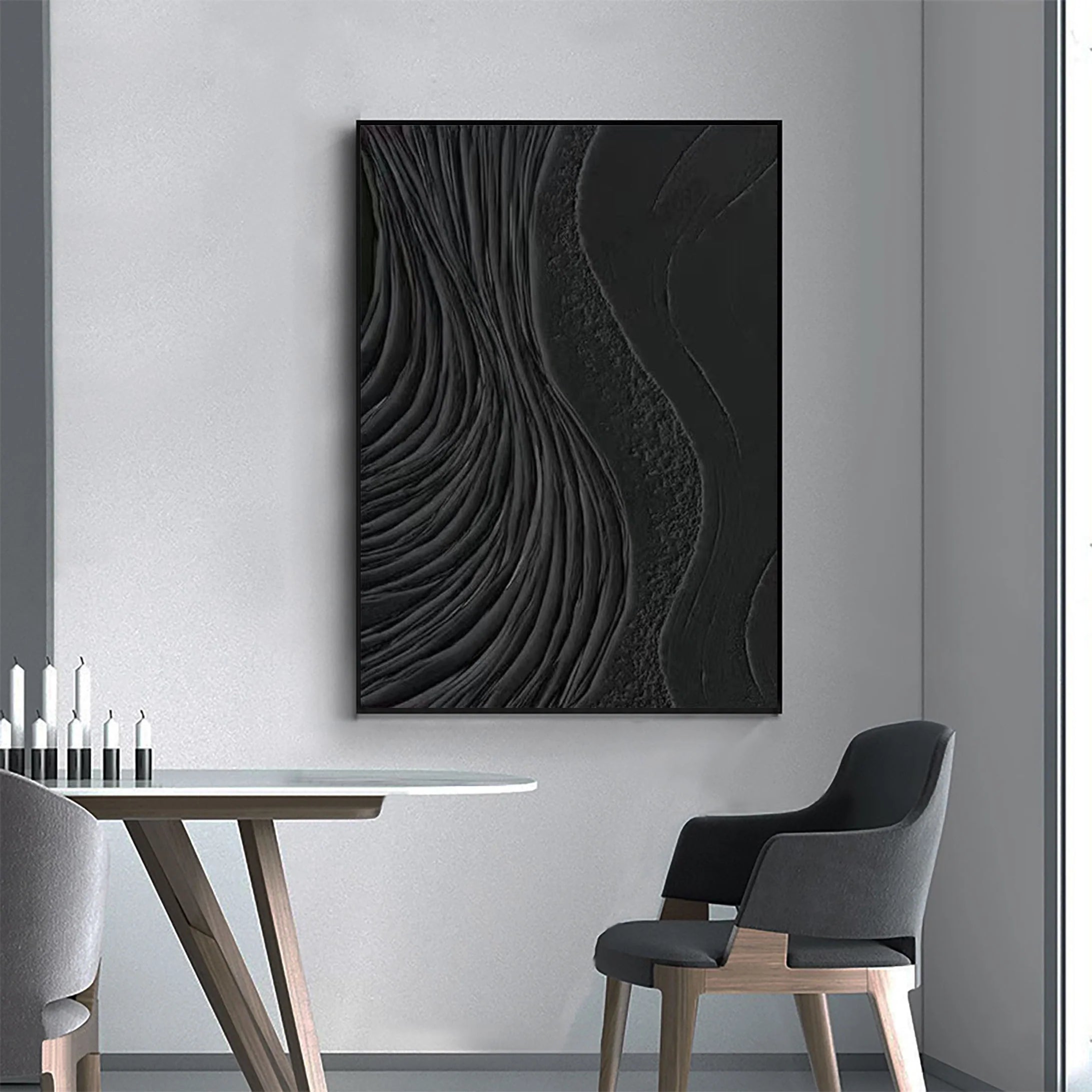 3D Textured Black Surf Minimalist Painting Modernism Wall Art For Living Room/Bedroom