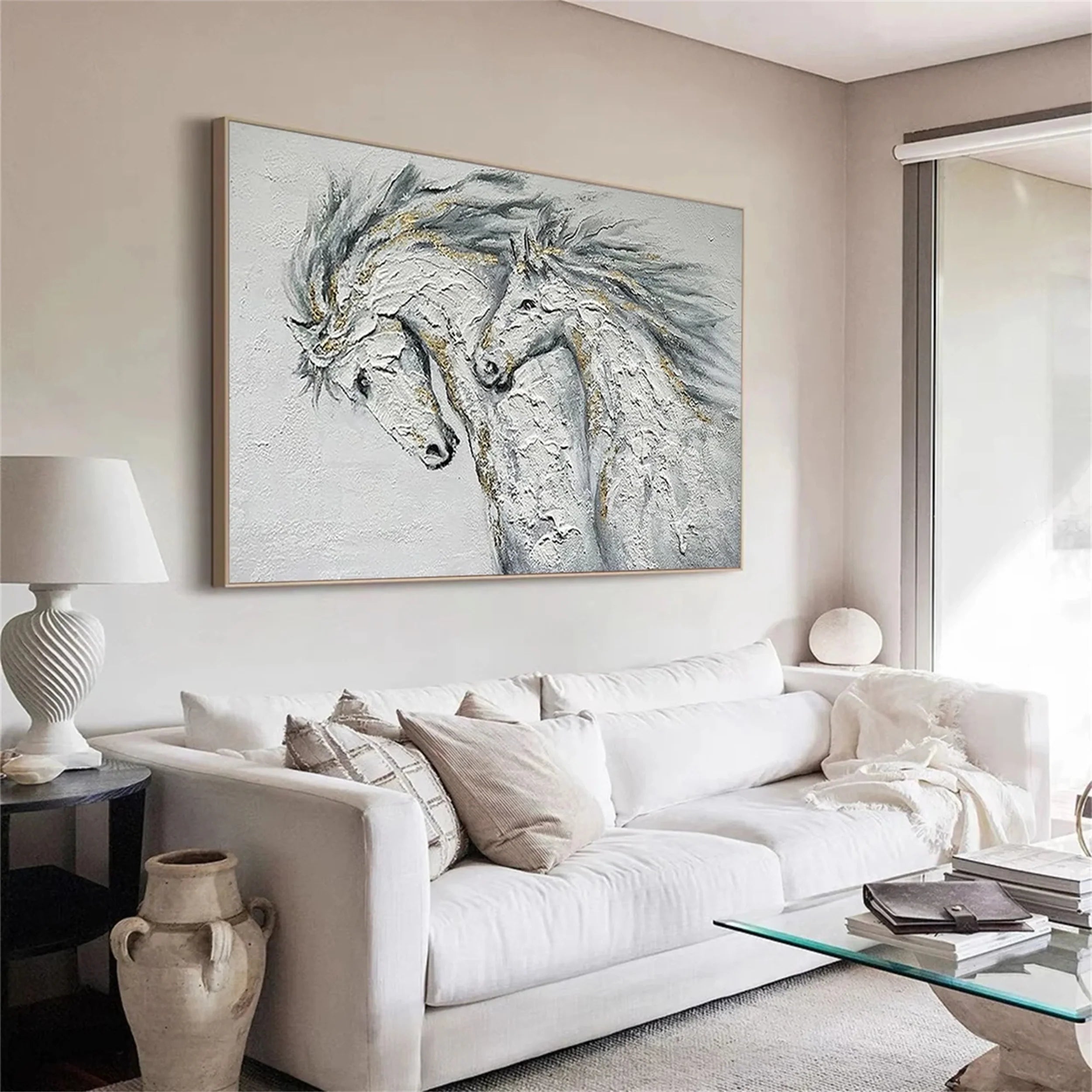 White and Black Horse Abstract Animal Wall Art #AM047