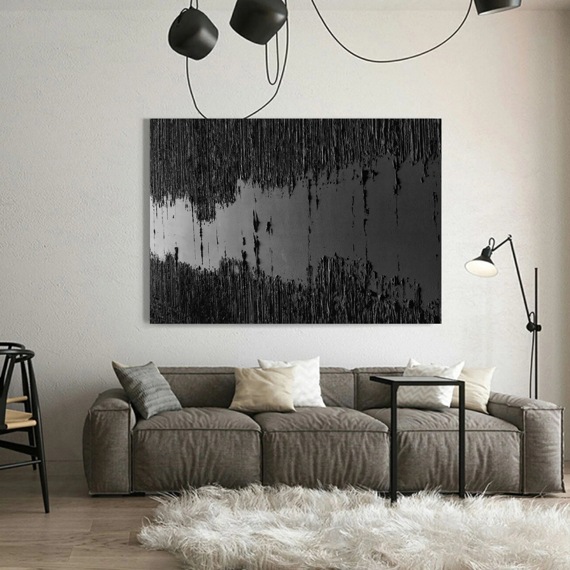 Black 3D Textured River Minimalist Painting on Canvas for Wall Decro