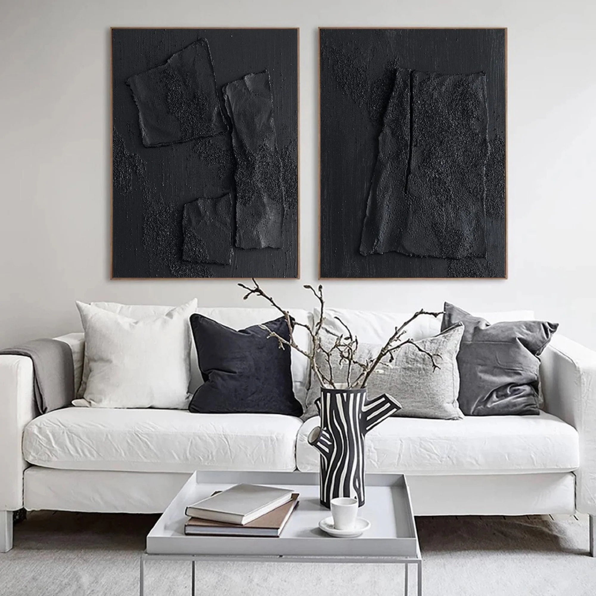 Set of 2 Total Black 3D Textured Minimalist Painting on Canvas