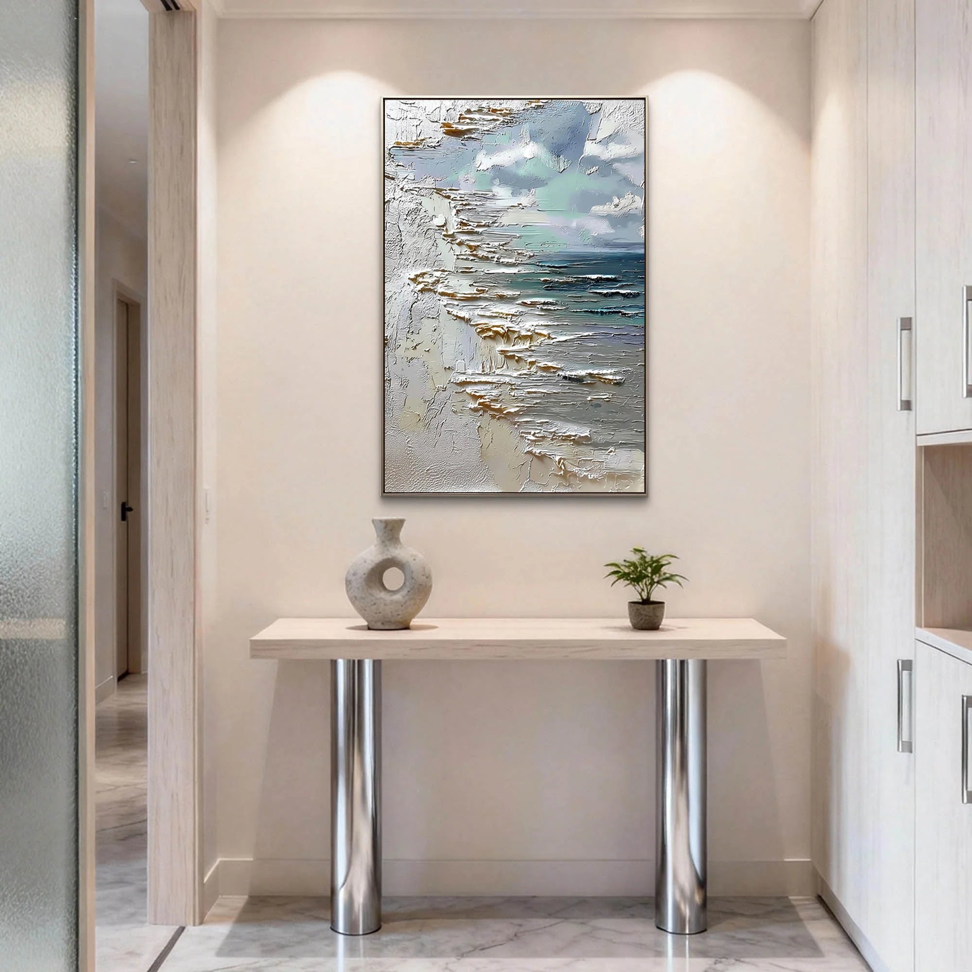 Hand-Painted Abstract Seascape Oil Painting, Neutral Coastal Wall Art #MD236