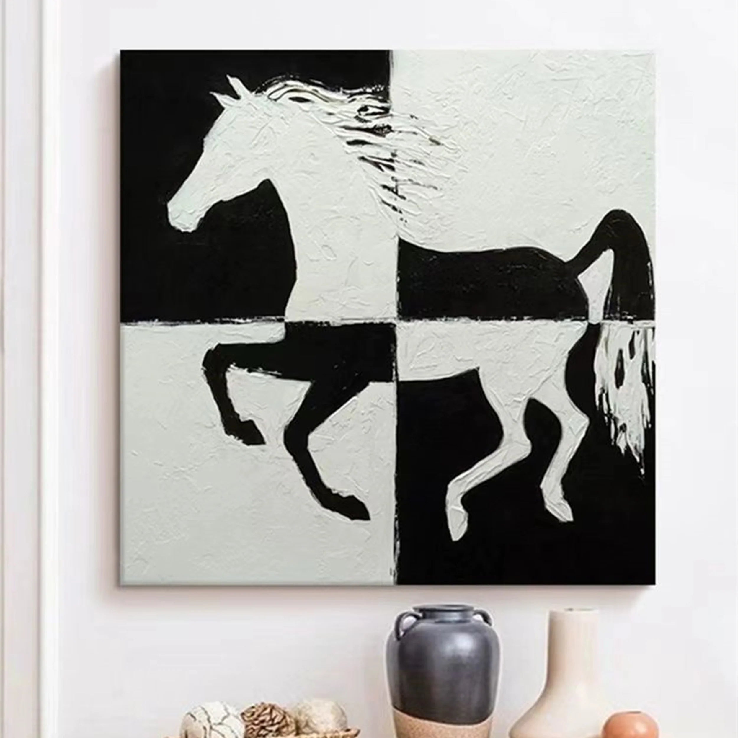 White And Black Horse Abstract Animal Wall Art #AM031