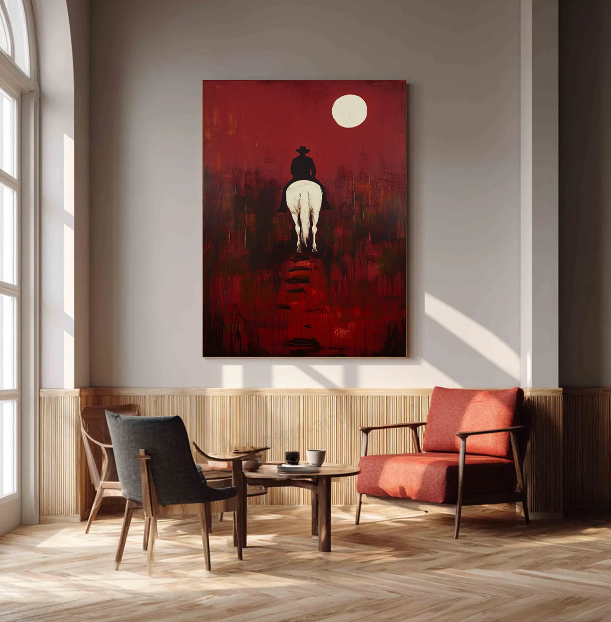 Red Moon Cowboy & White Horse Oil Painting #WA530