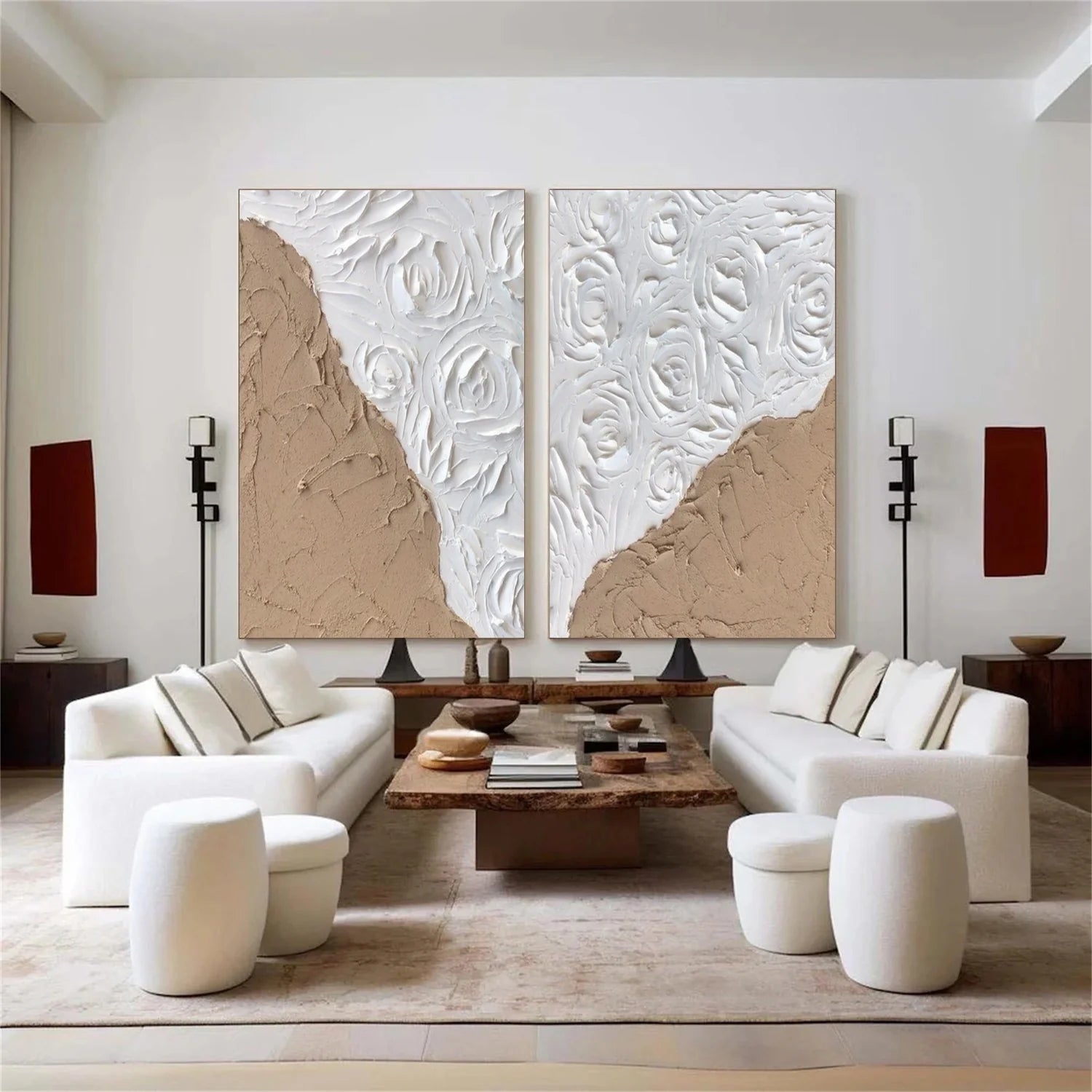 White and Brown Minimalist Textured Art Set of 2 #MD236