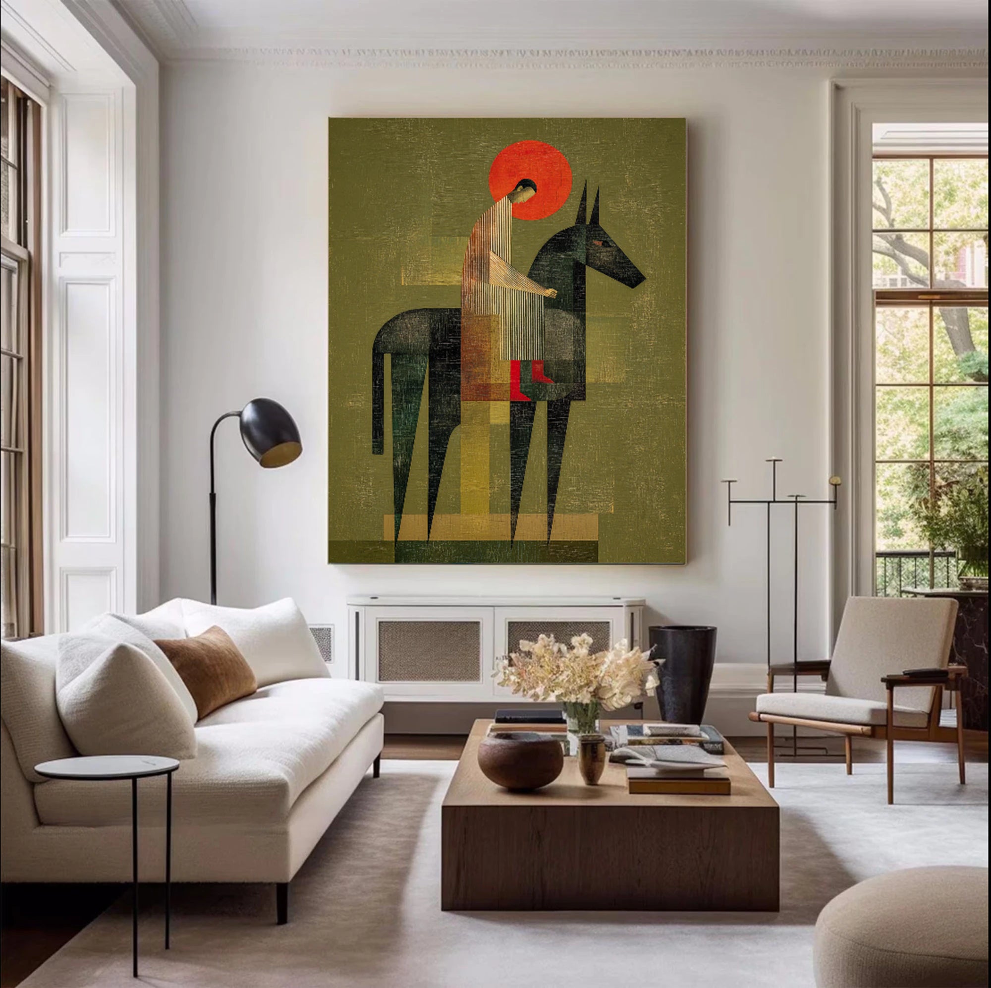 Abstract Horse Rider Painting | Earthy Green Wall Art #WA532