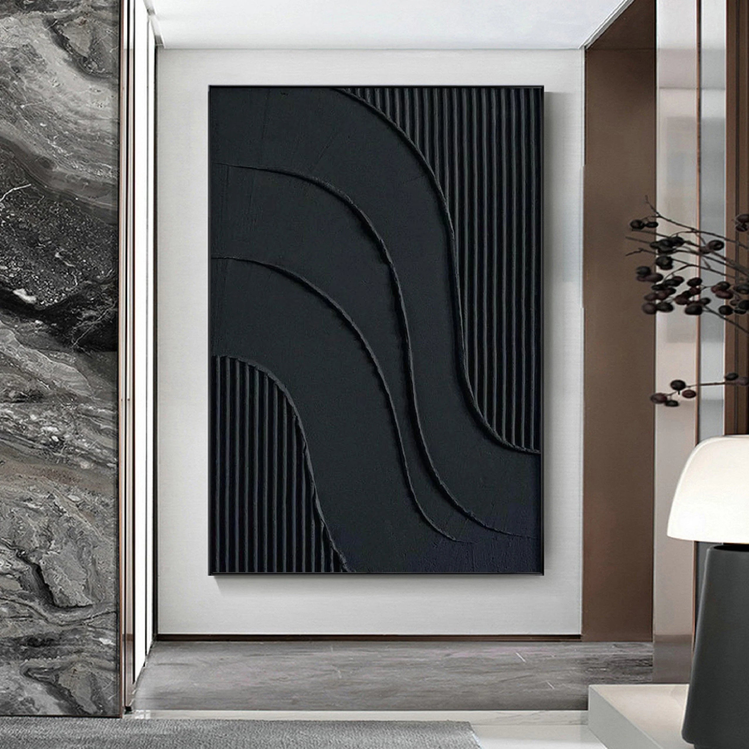 Black 3D Textured Minimalist Original Handcrafted Painting On Canvas Large Abstract Wall Art Luxury Modern Home Decor