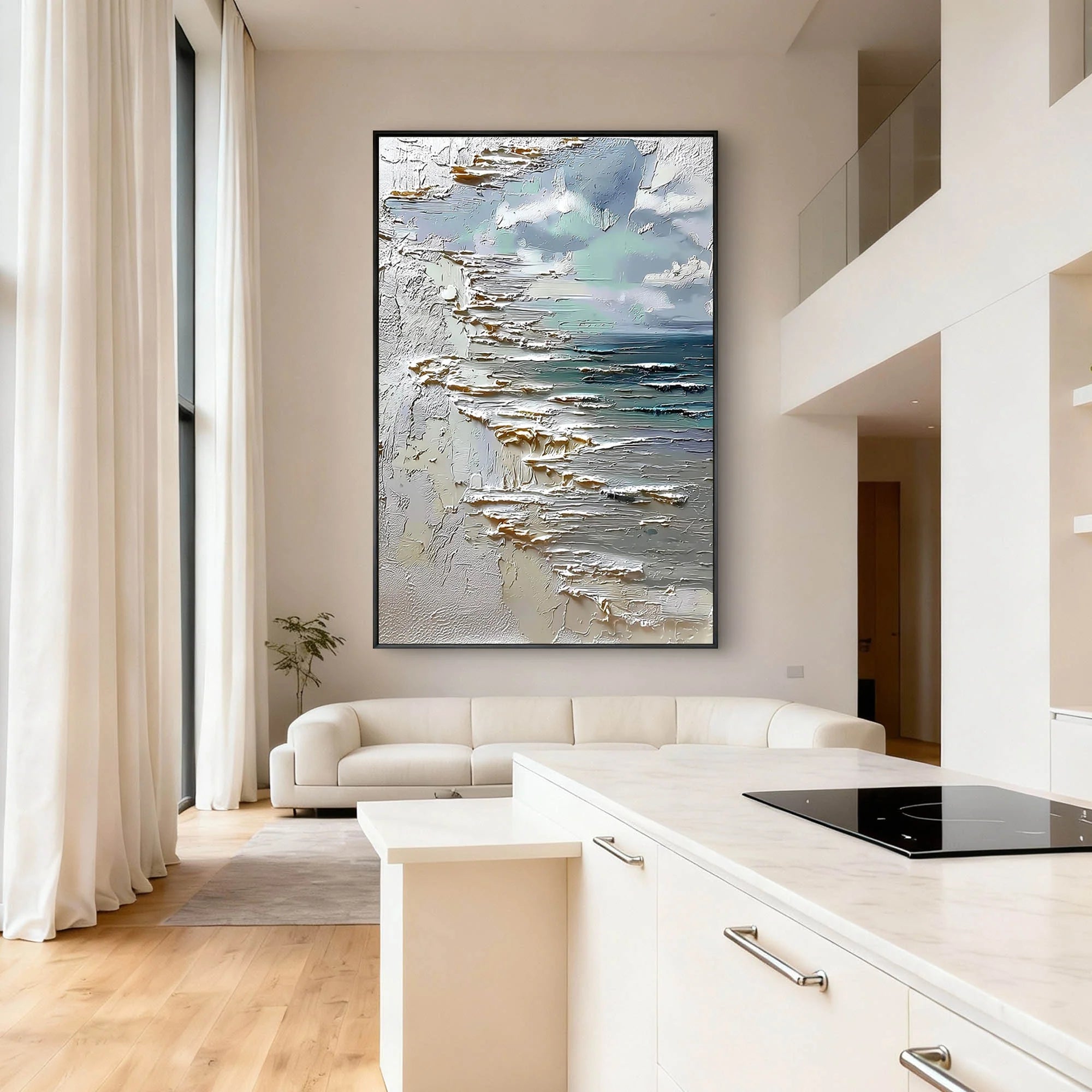 Hand-Painted Abstract Seascape Oil Painting, Neutral Coastal Wall Art #MD236