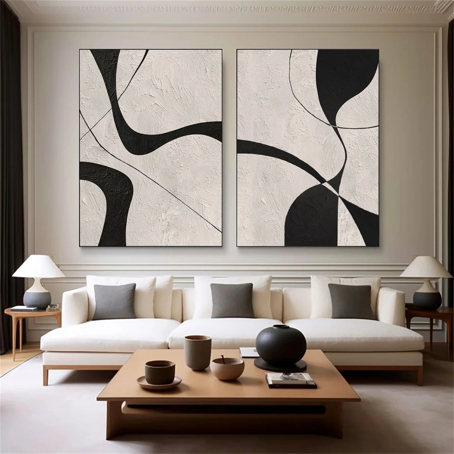 Beige & Black Abstract_Textured Canvas Art Set of 2 #WA780