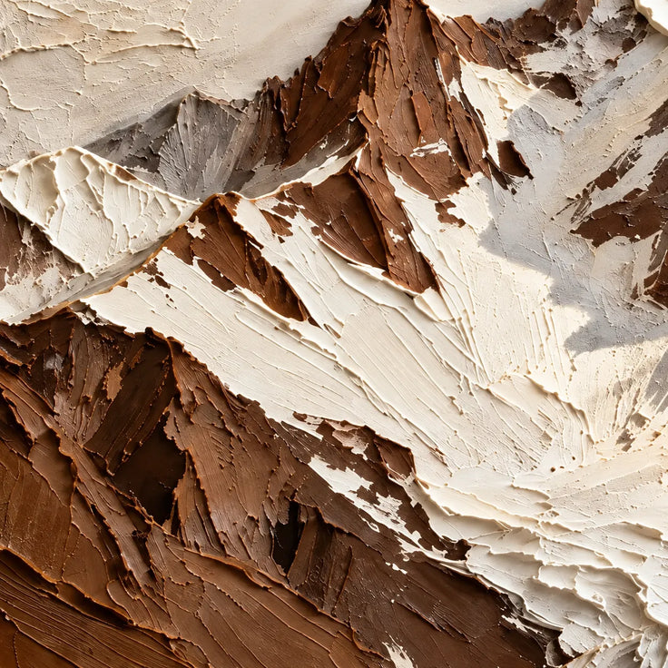 Ivory & Brown Hand-Painted 3D Textured Oil Painting, Snowy Mountain Landscape Wall Art #41E584U4
