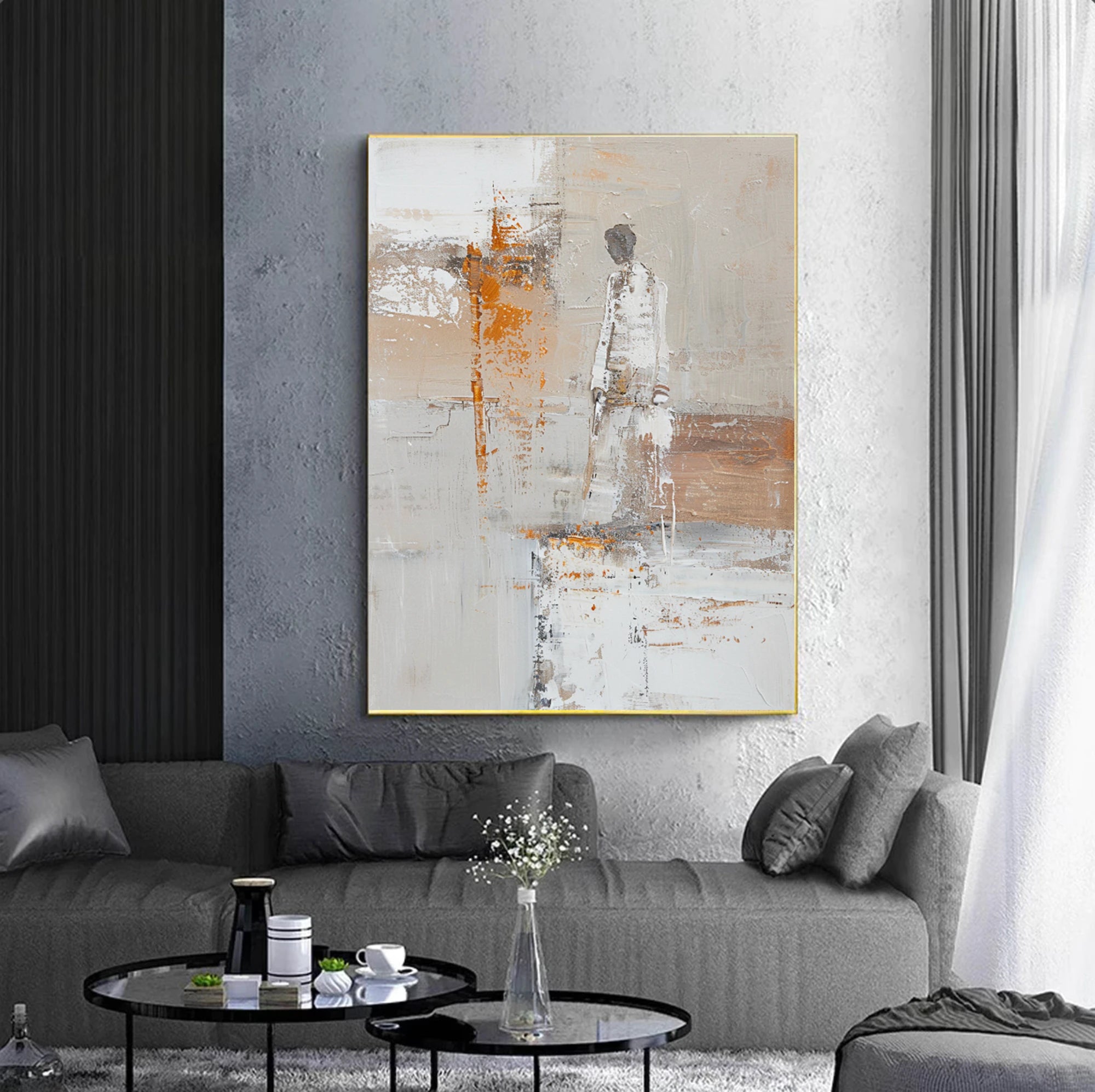Abstract Figure Oil Painting, Neutral Wall Art, Original Hand-Painted Canvas #WA523