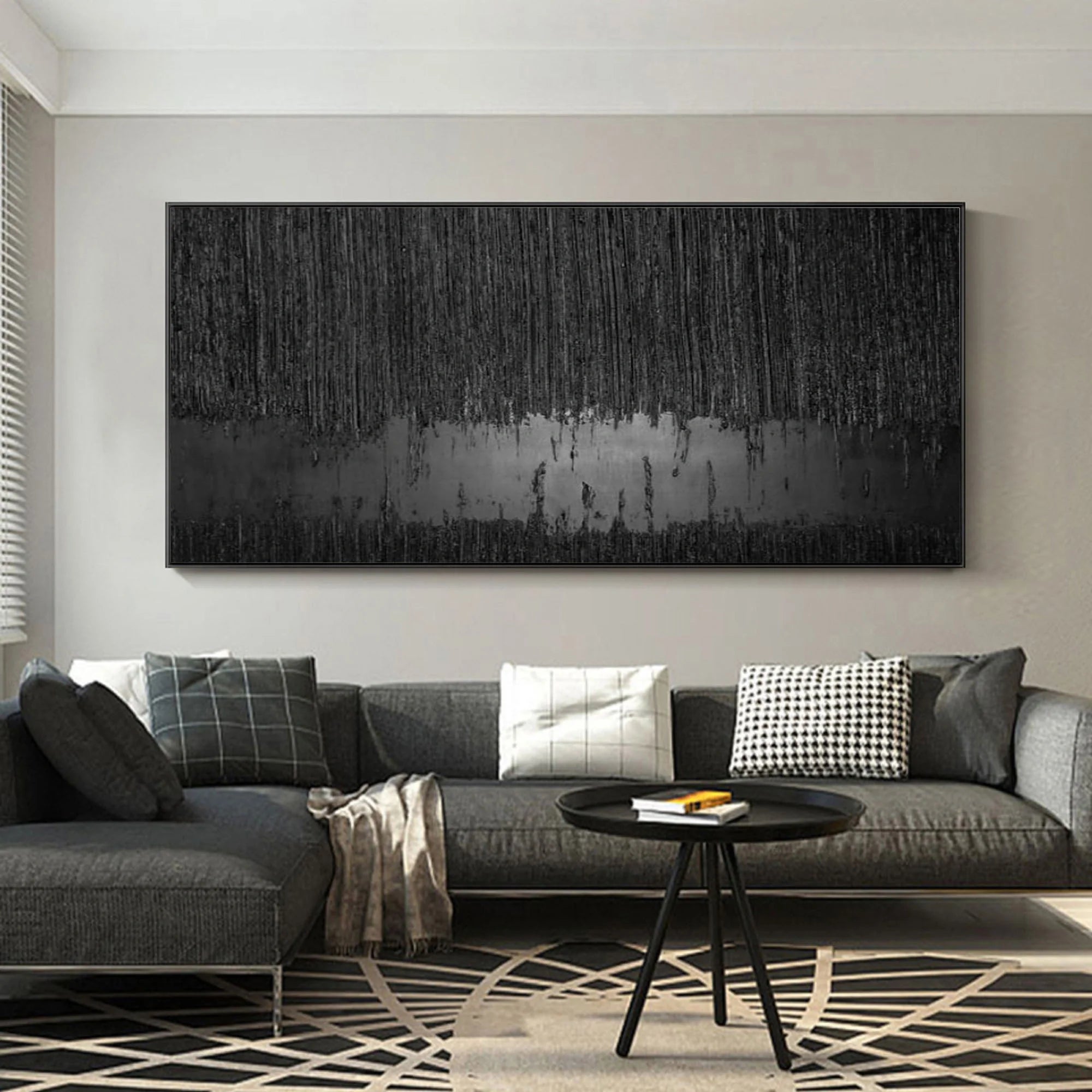 Original Black 3D Textured Minimalist Painting on Canvas Wall Decro