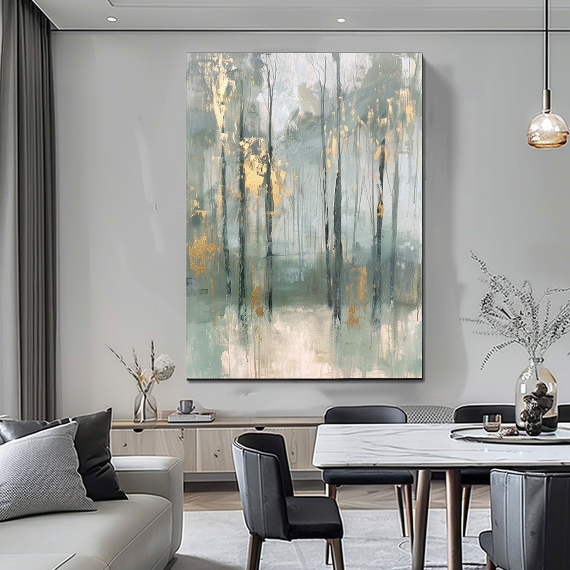Misty Forest Abstract Oil Painting with Gold Leaf Accents #FT207