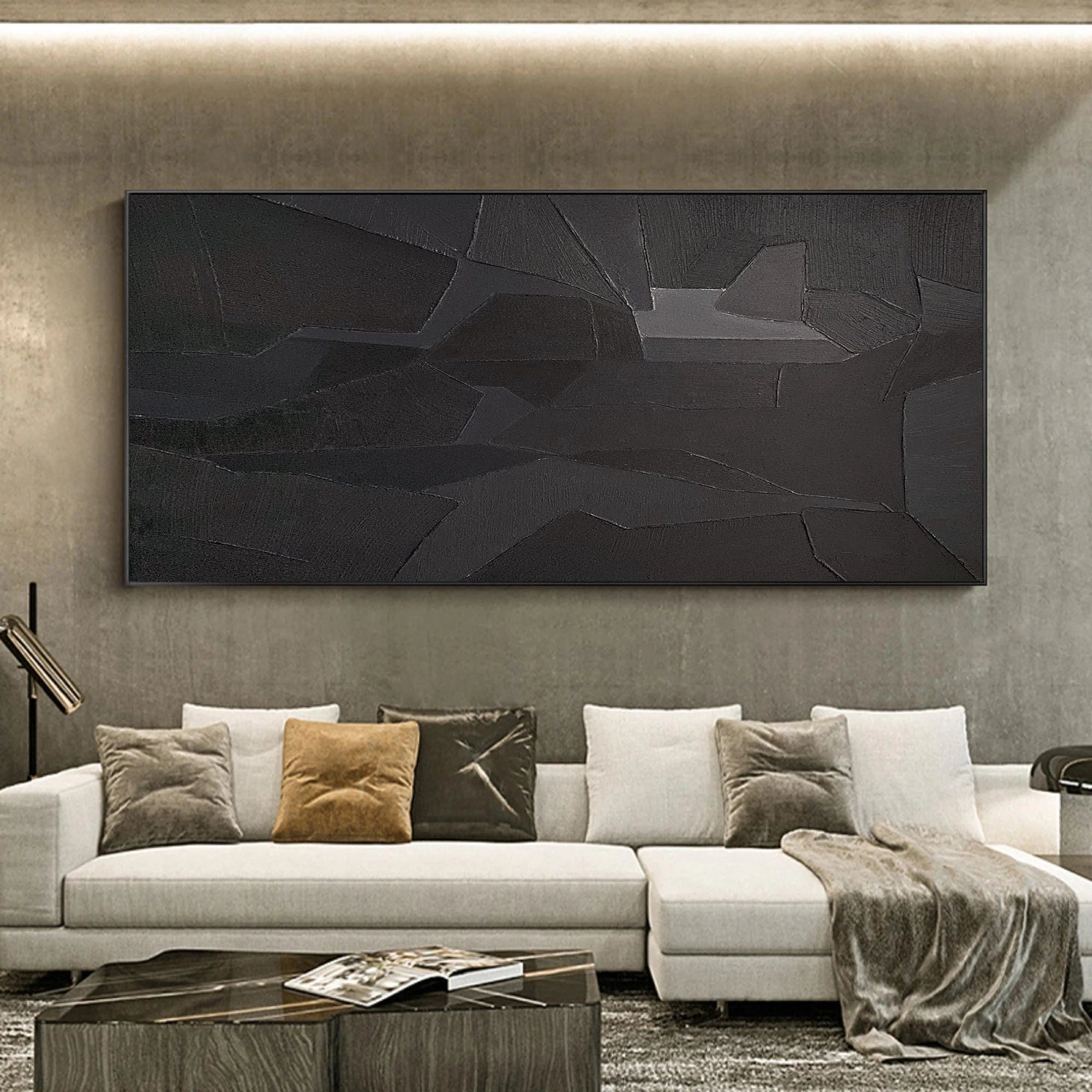 Black Geometric Minimalist Painting On Canvas Handcrafted Abstract Wall Art