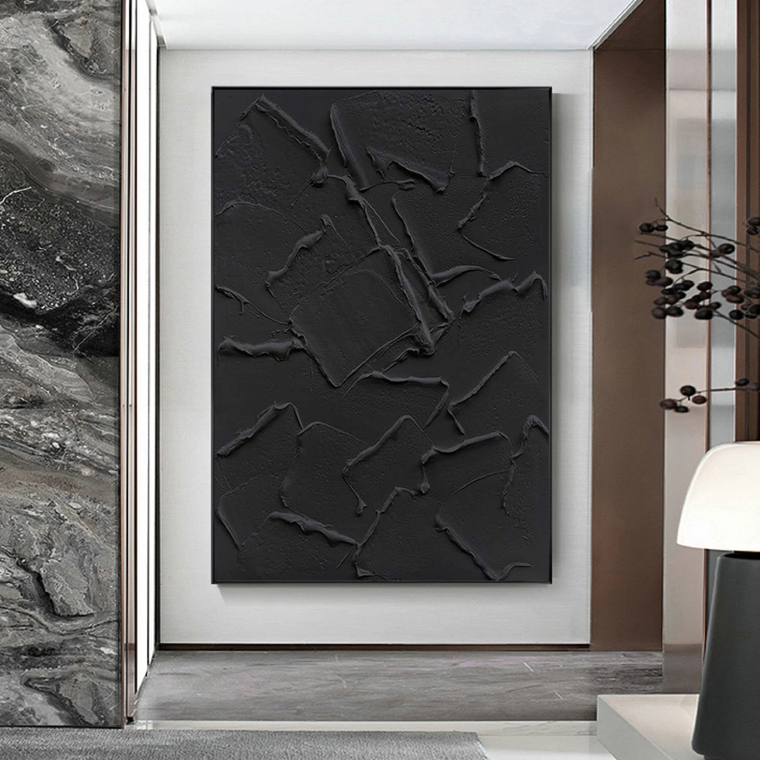 Black Textured Plaster Art Ocean Wave Minimalist Painting on Canvas