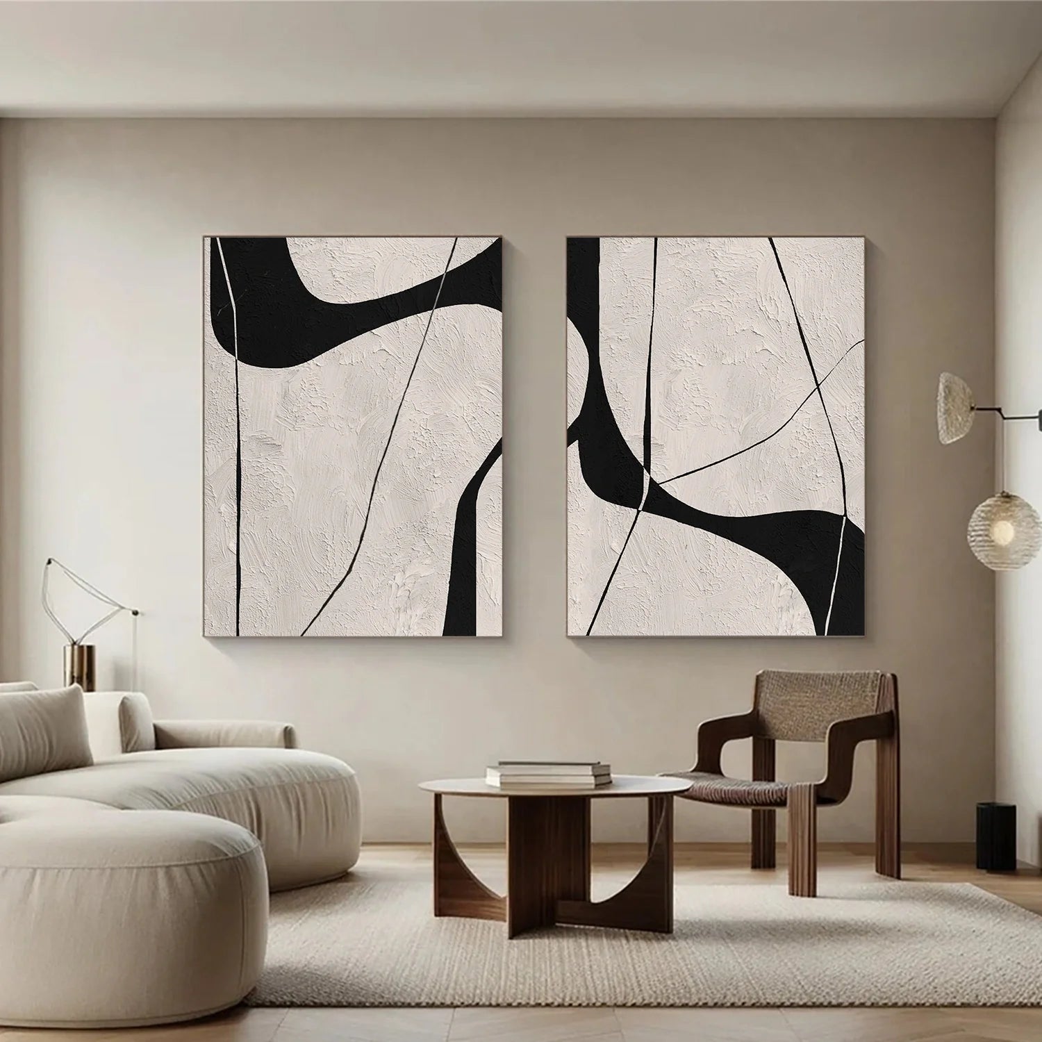 Beige & Black Abstract_Textured Canvas Art Set of 2 #WA781