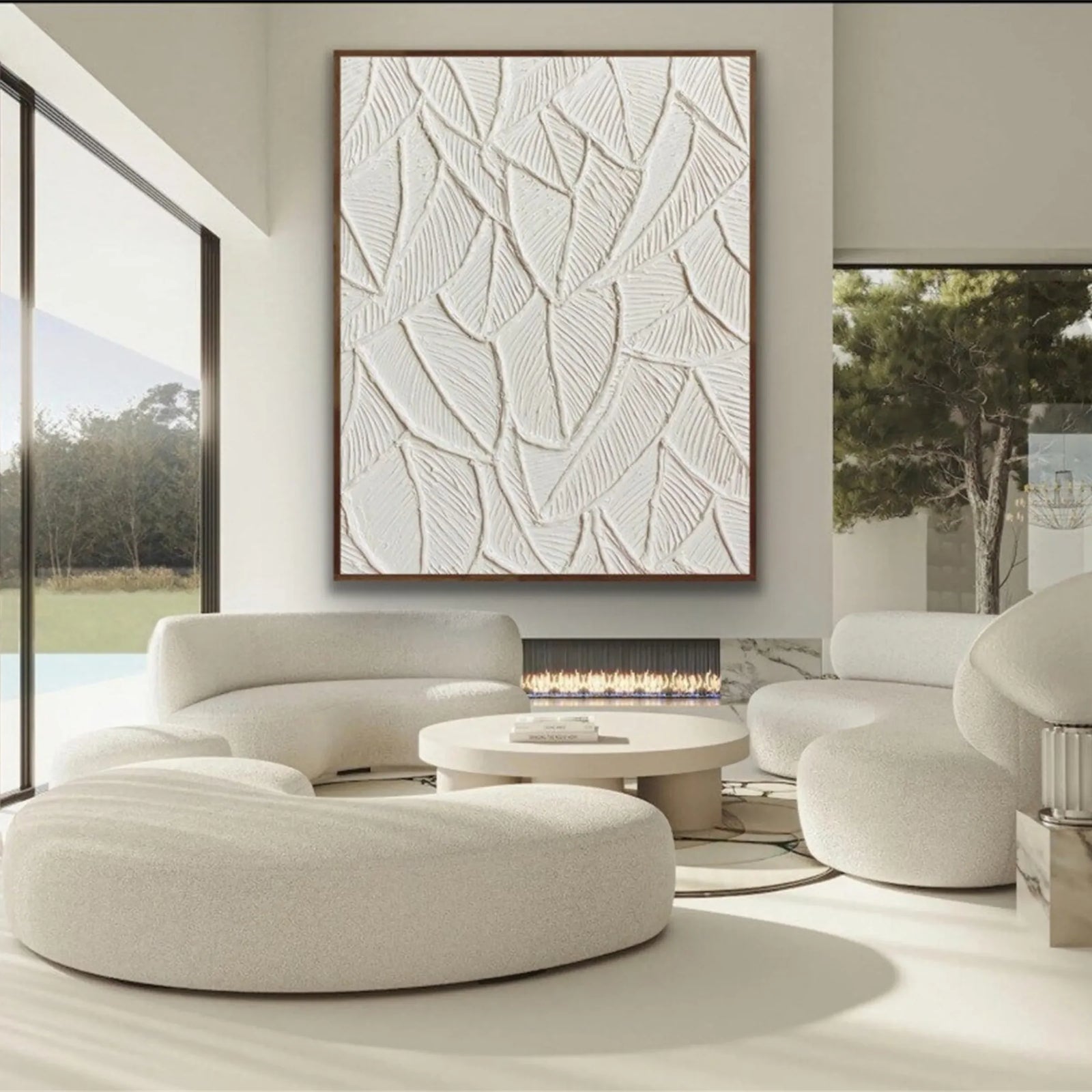 White 3D Textured Leaf Abstract Painting #MD150