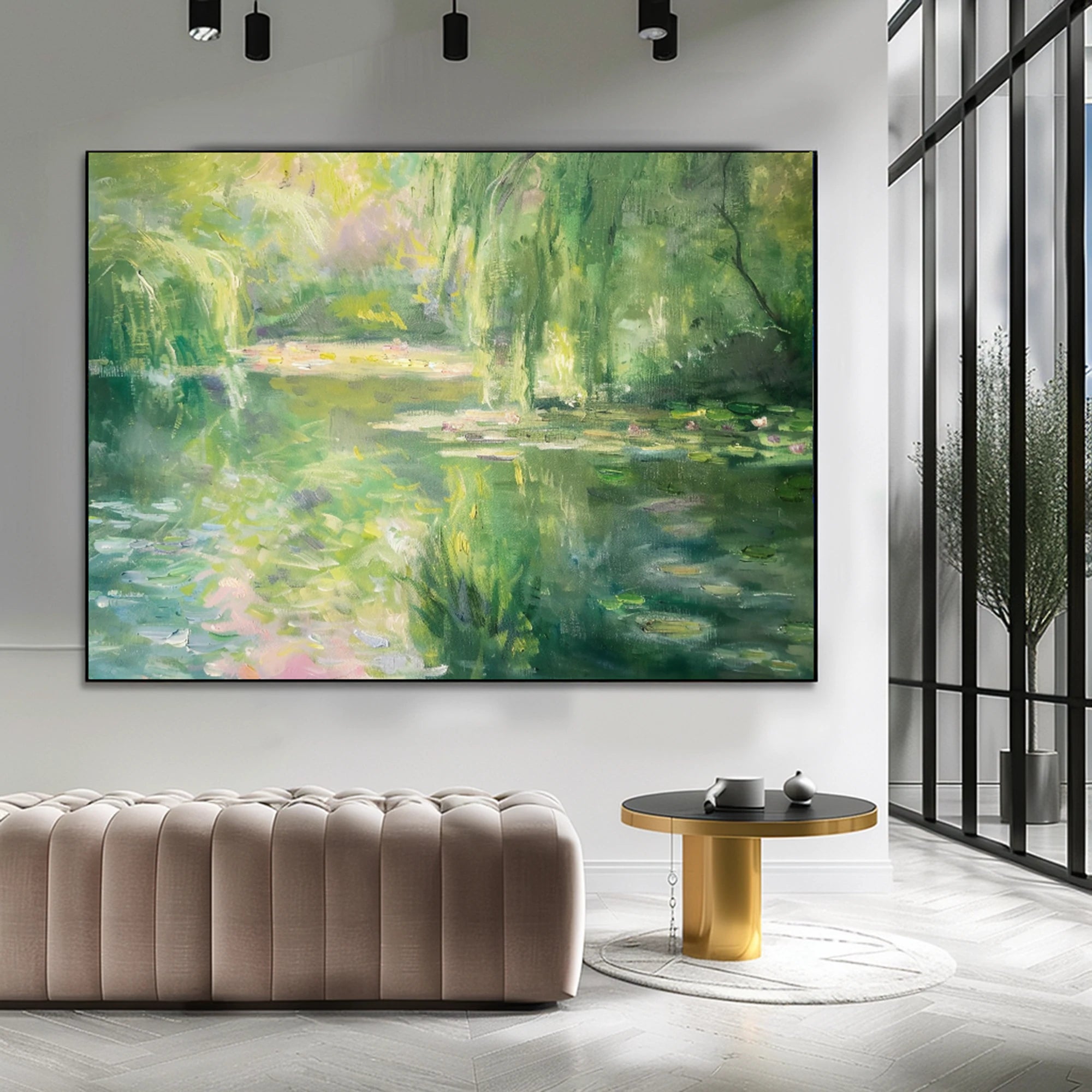 Green Water Lily Pond Oil Painting, Impressionist Wall Art #FT579