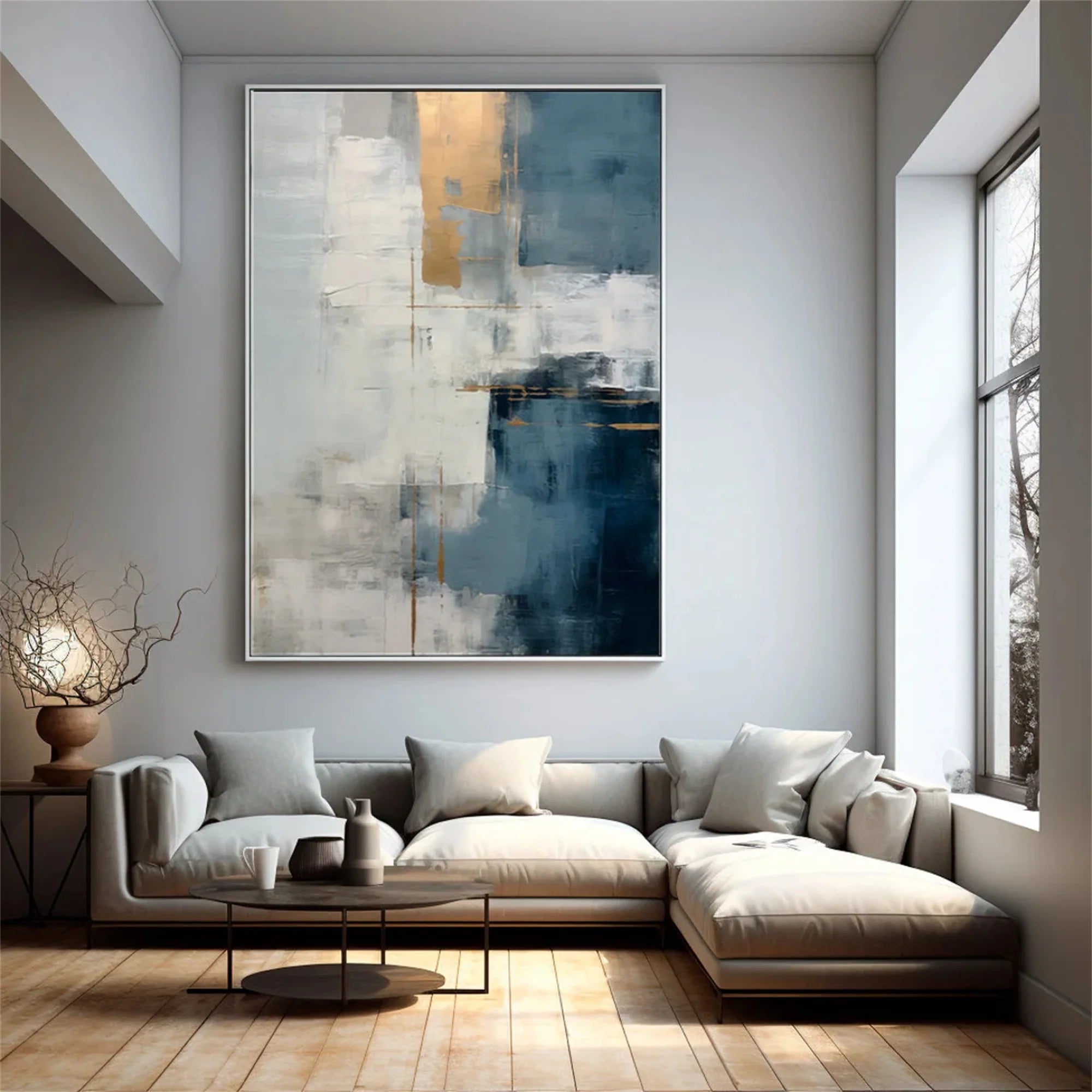 Minimalist Navy Blue and White Canvas Art for Living Room #MZ355