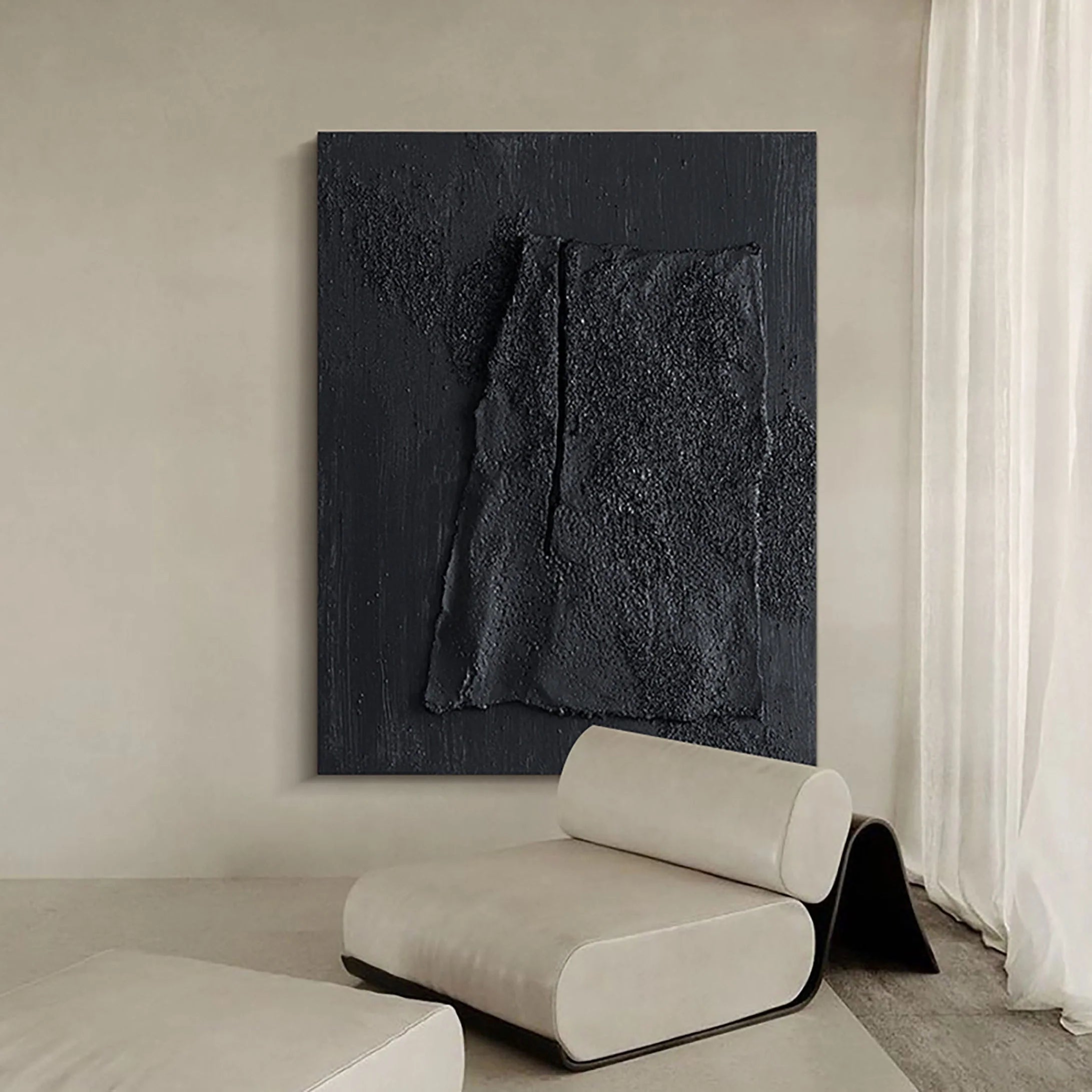 Black Textured Minimalist Painting on Canvas Handcrafted by Artist