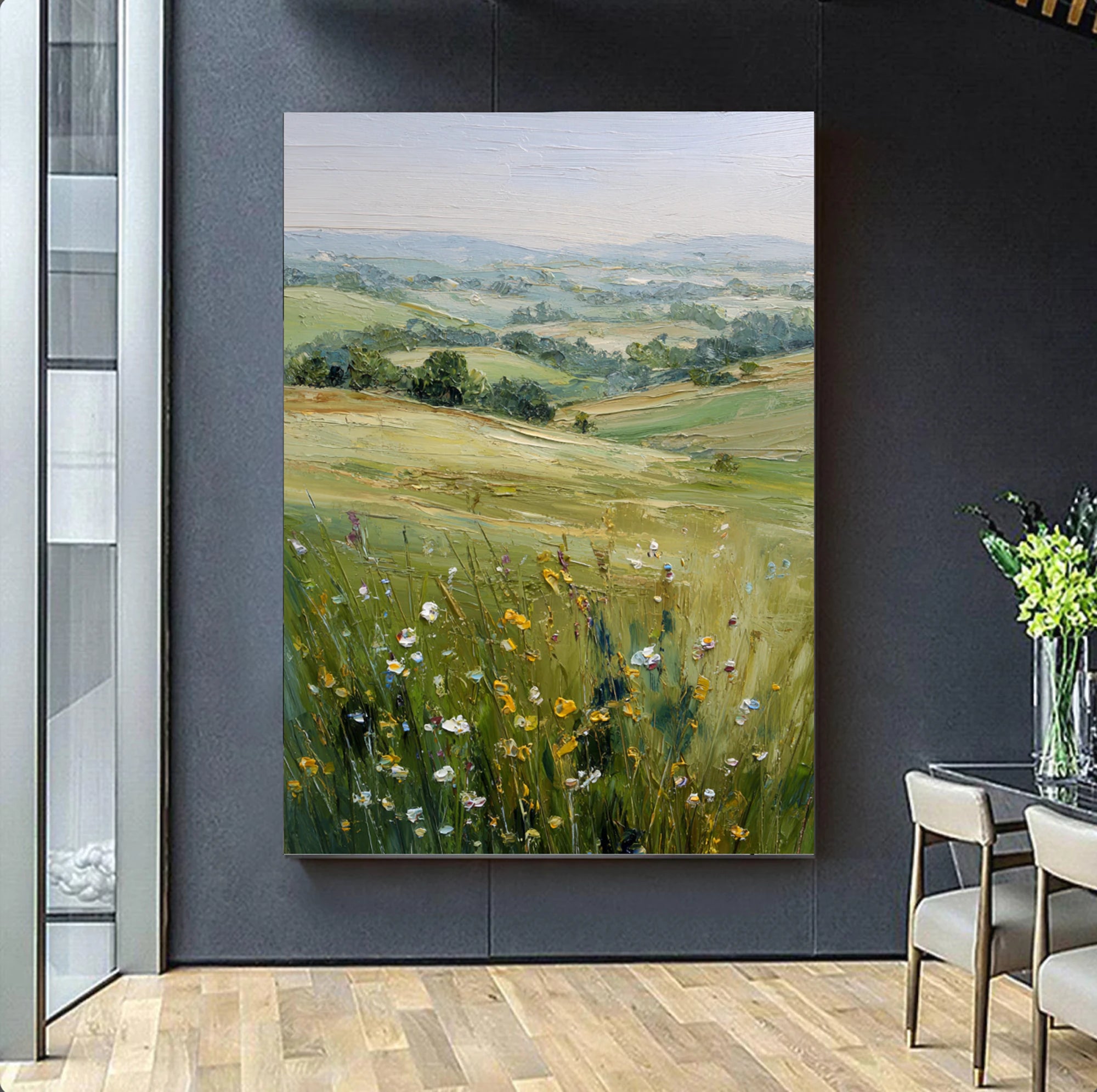 Hand-Painted Green Meadow Landscape Oil Painting #FT620