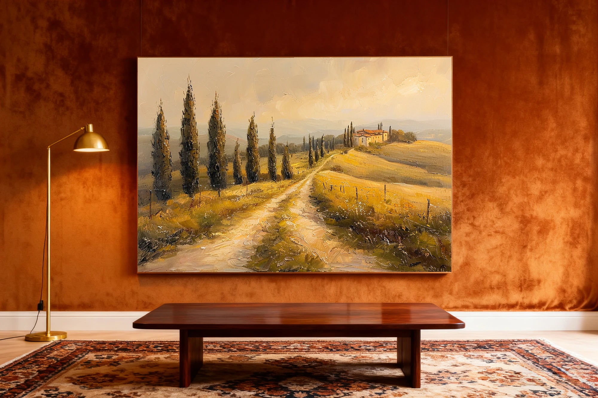 Tuscany Countryside Oil Painting, Neutral Landscape Wall Art #FT587