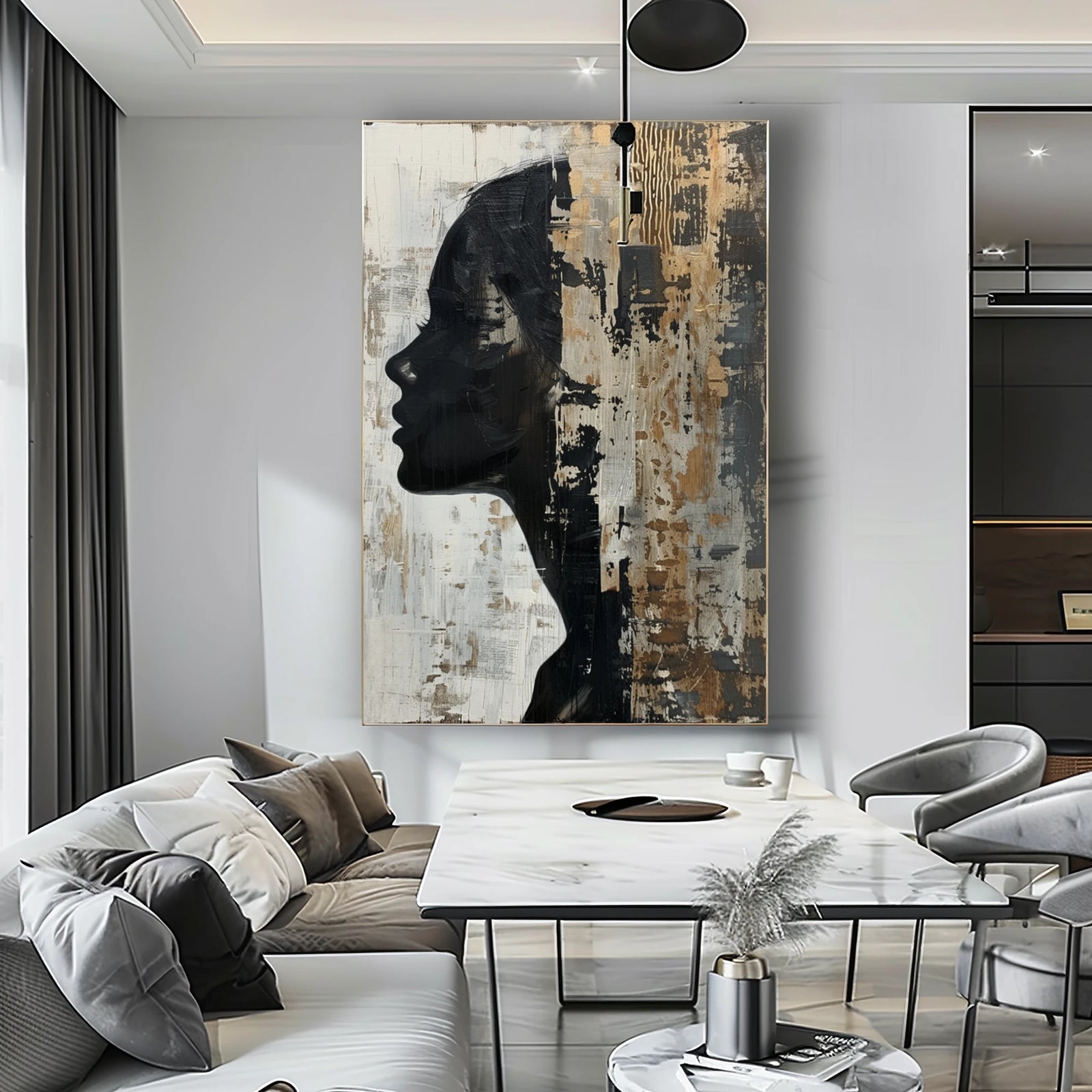 Hand-Painted Abstract Woman Silhouette Oil Painting, Black & Gold Textured Wall Art #WA513