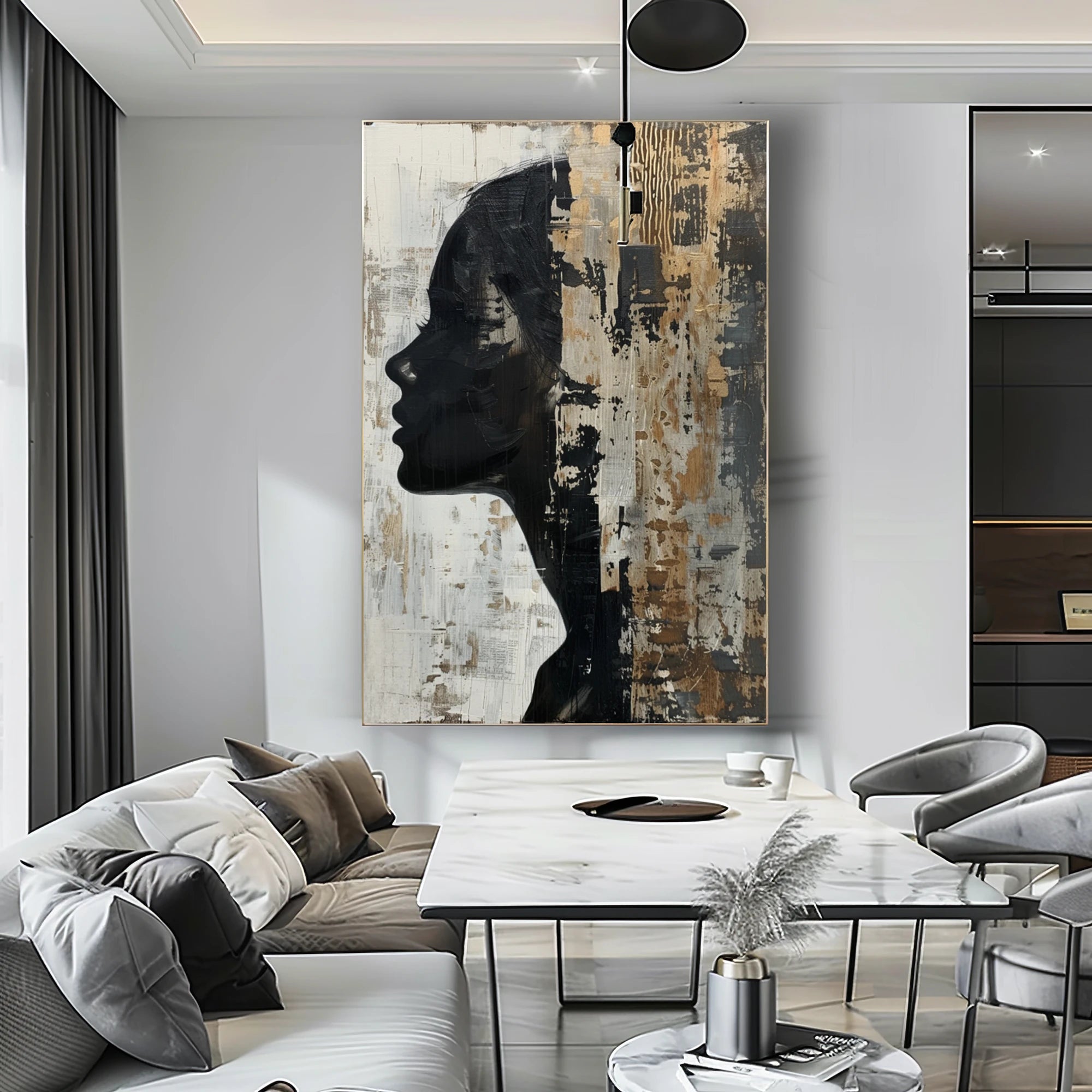 Hand-Painted Abstract Woman Silhouette Oil Painting, Black & Gold Textured Wall Art #WA513