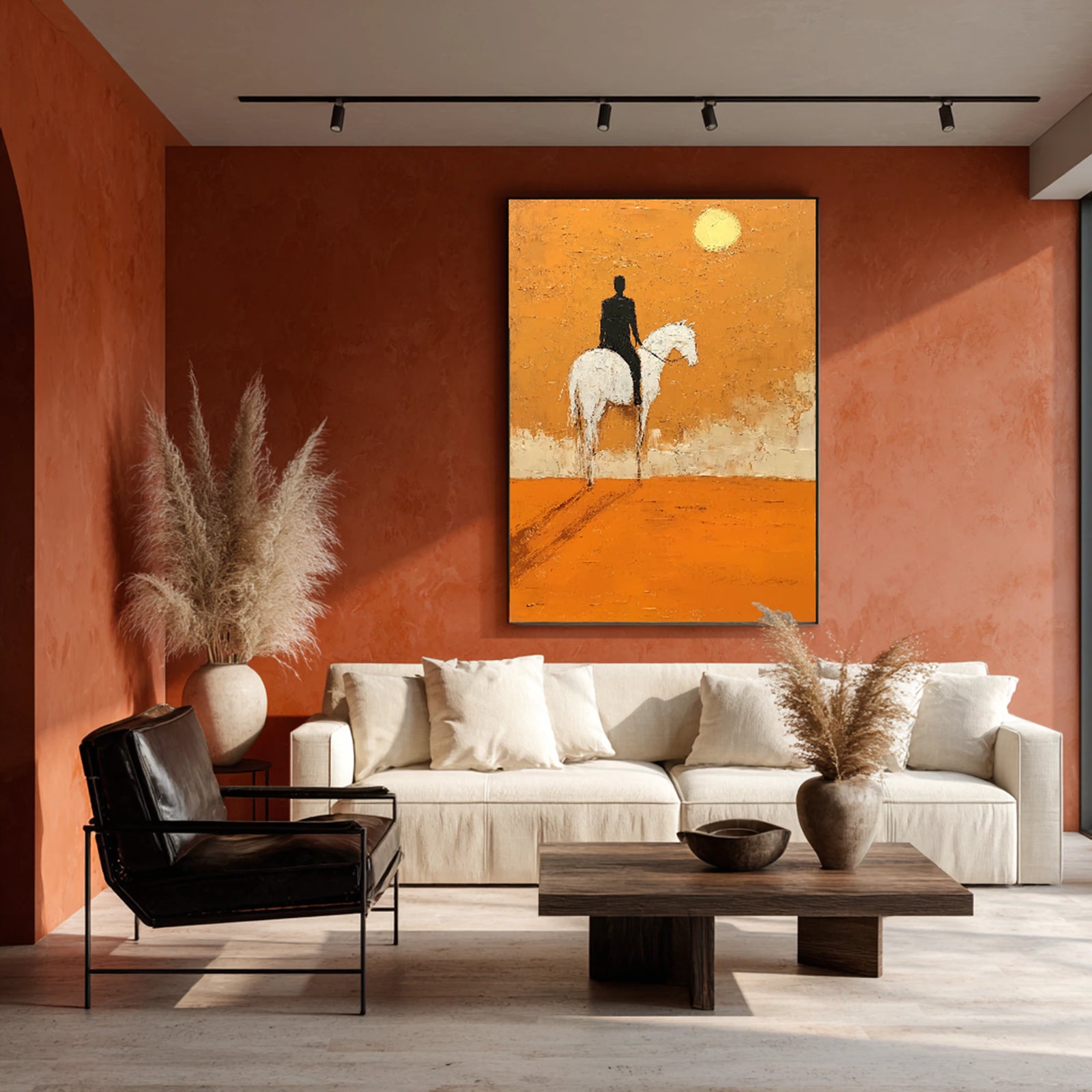 Orange Sunset Horse Rider Abstract Oil Painting, Hand-Painted Wall Art #WA528
