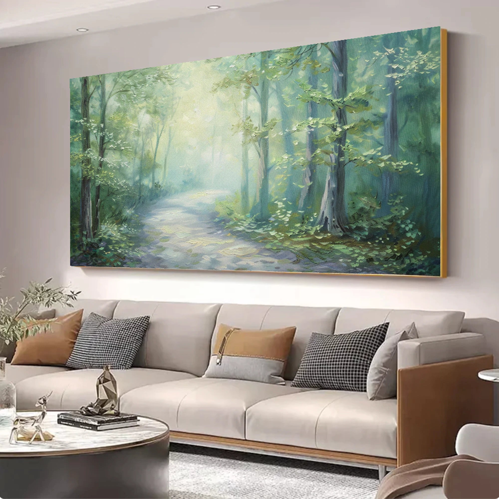 Misty Forest Path Oil Painting, Calm Green Wall Art #FT591