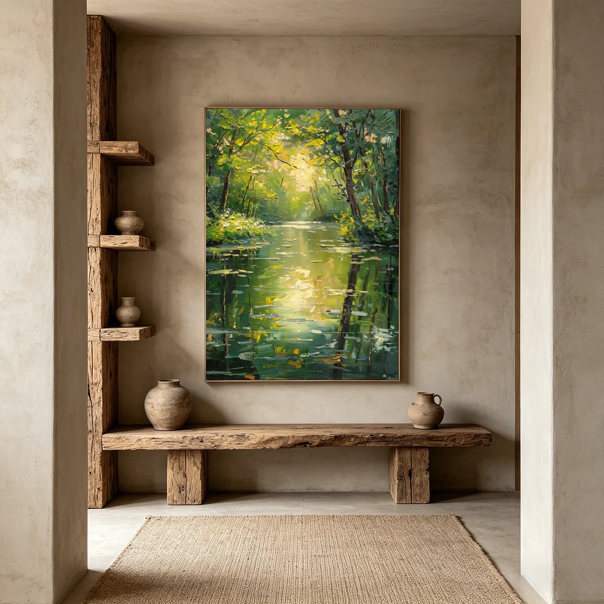 Hand-Painted Green Forest River Oil Painting #FJ597