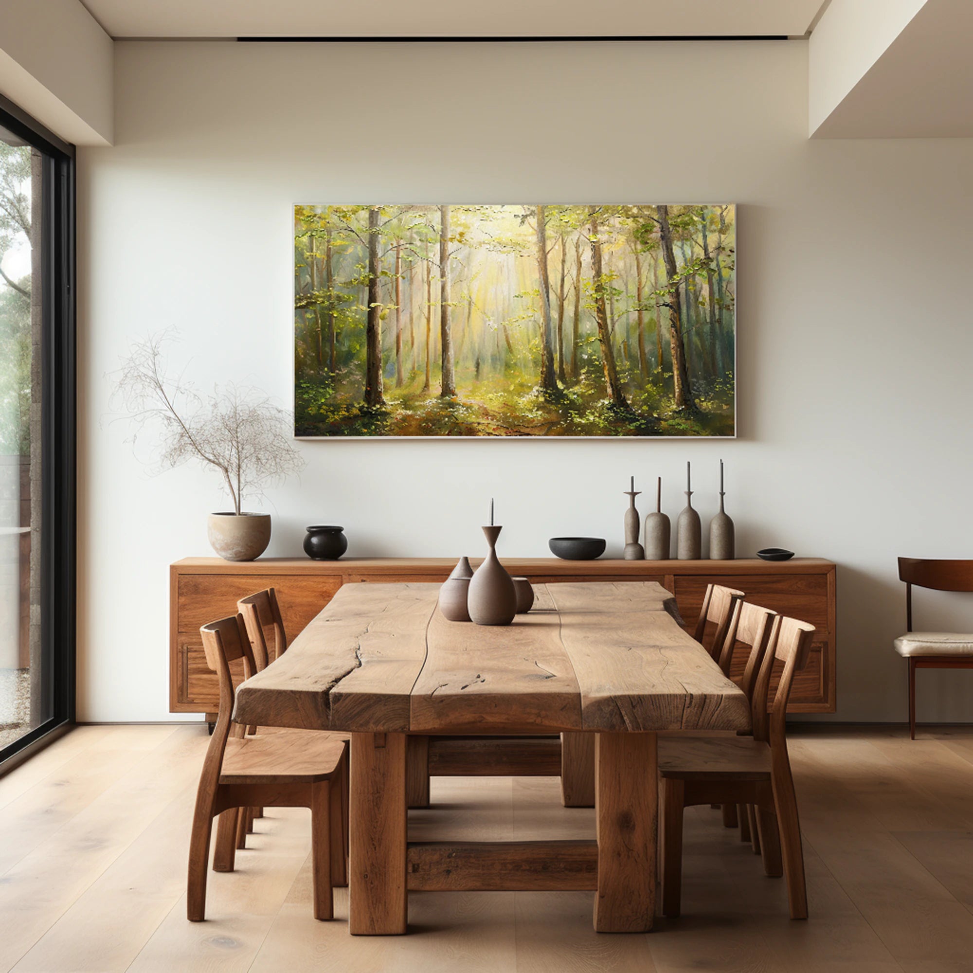 Sunlit Forest Landscape Oil Painting, Large Textured Wall Art #FT596